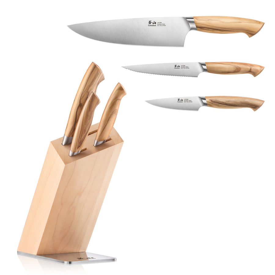 Cangshan OLIV Series 501677 4-Piece HUA Knife Block Set - Swedish 14C28N Forged Steel Knives with Maple Wood Stand - Perfect for Home Chefs & Professional Kitchens