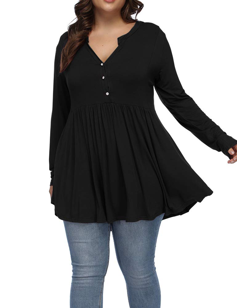 ALLEGRACE Women's Plus Size Henley V-Neck Button Tunic Top - Long Sleeve Flowy Swing Shirt for Casual Wear & Office Outfits