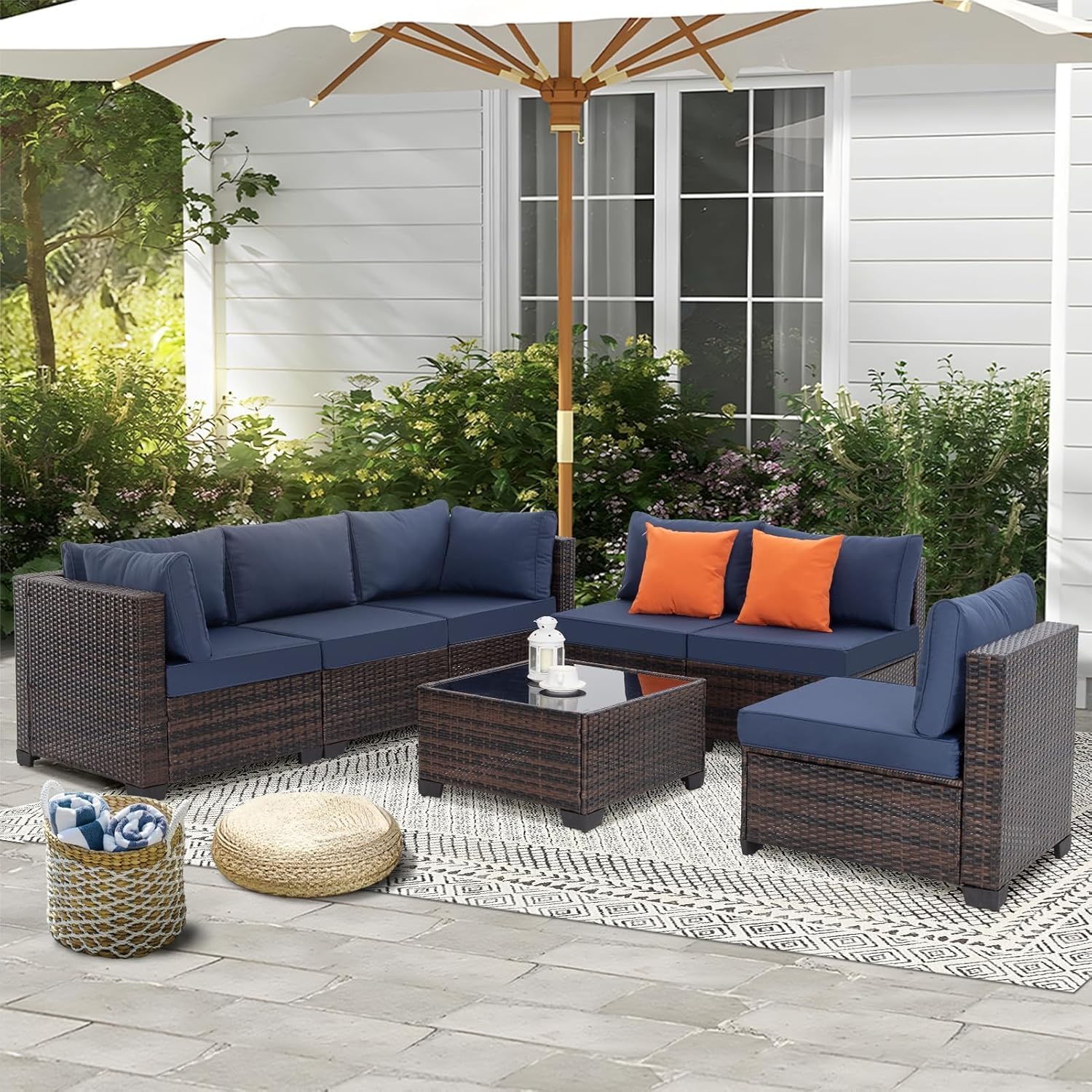 7-Piece Patio Outdoor Furniture Set - Rattan Wicker Sectional Sofa with Coffee Table - Brown Wicker & Blue Cushion - Perfect for Deck, Lawn, Garden, and Backyard Relaxation