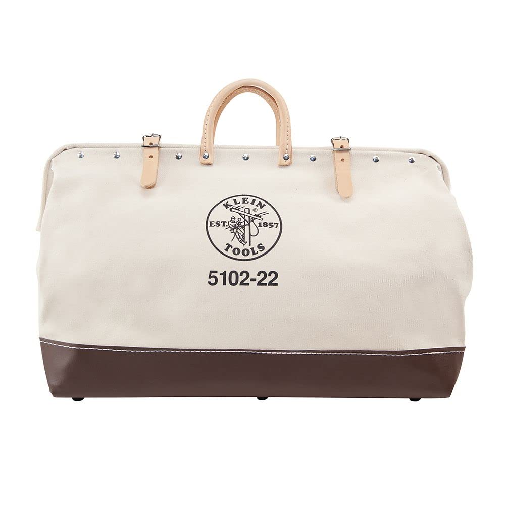 Klein Tools 5102-22 Heavy Duty Natural Canvas Tool Bag - 22-Inch Professional Tool Tote with Wide Hinged Opening & Leather Handles - Perfect for Electricians, Contractors & DIY Home Improvement Projects