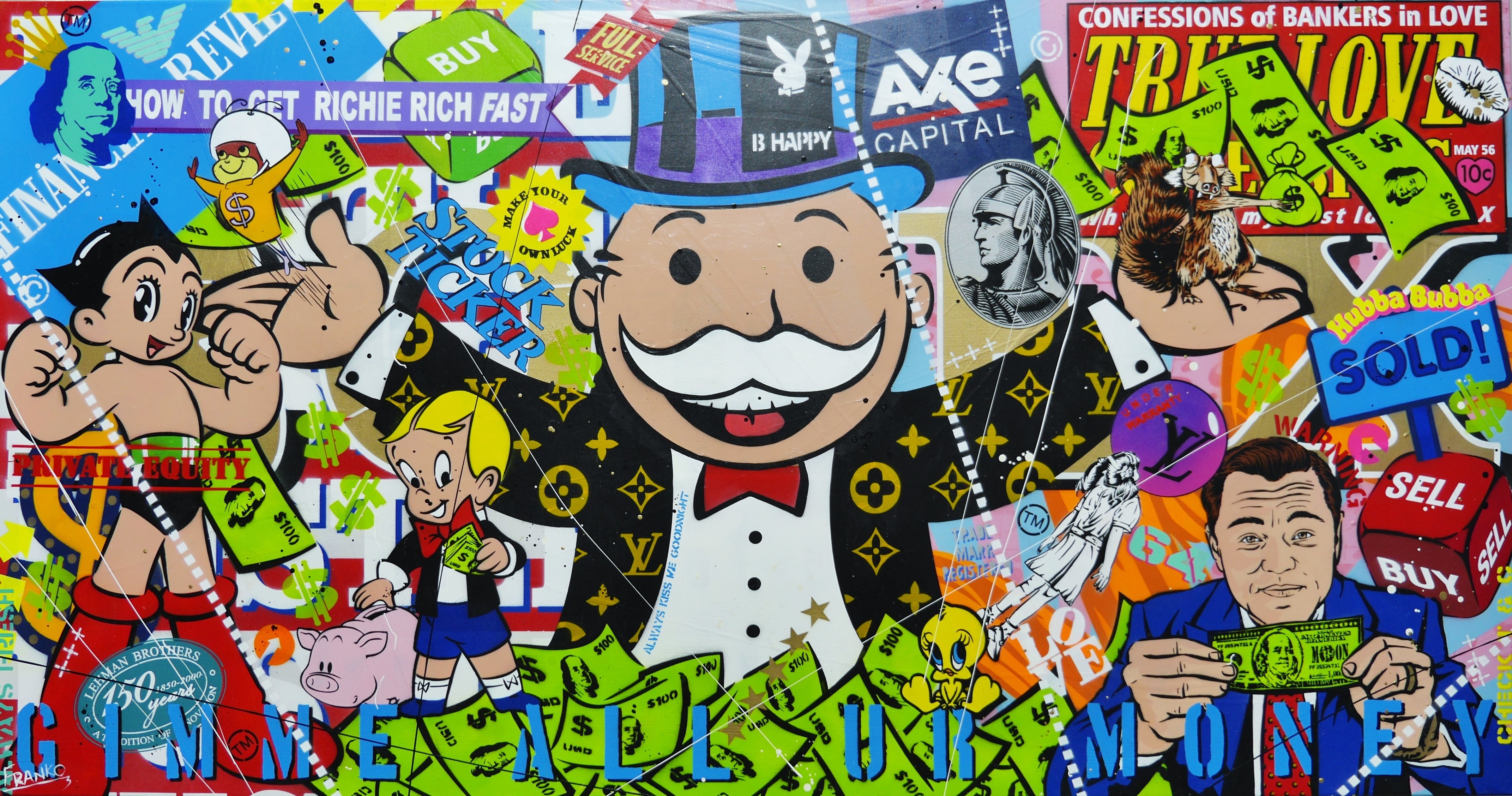 Money Master 190cm x 100cm Monopoly Man Textured Urban Pop Art Canvas - Large Wall Art for Living Room, Office Decor - Modern Spray Paint Painting for Gamers & Art Collectors
