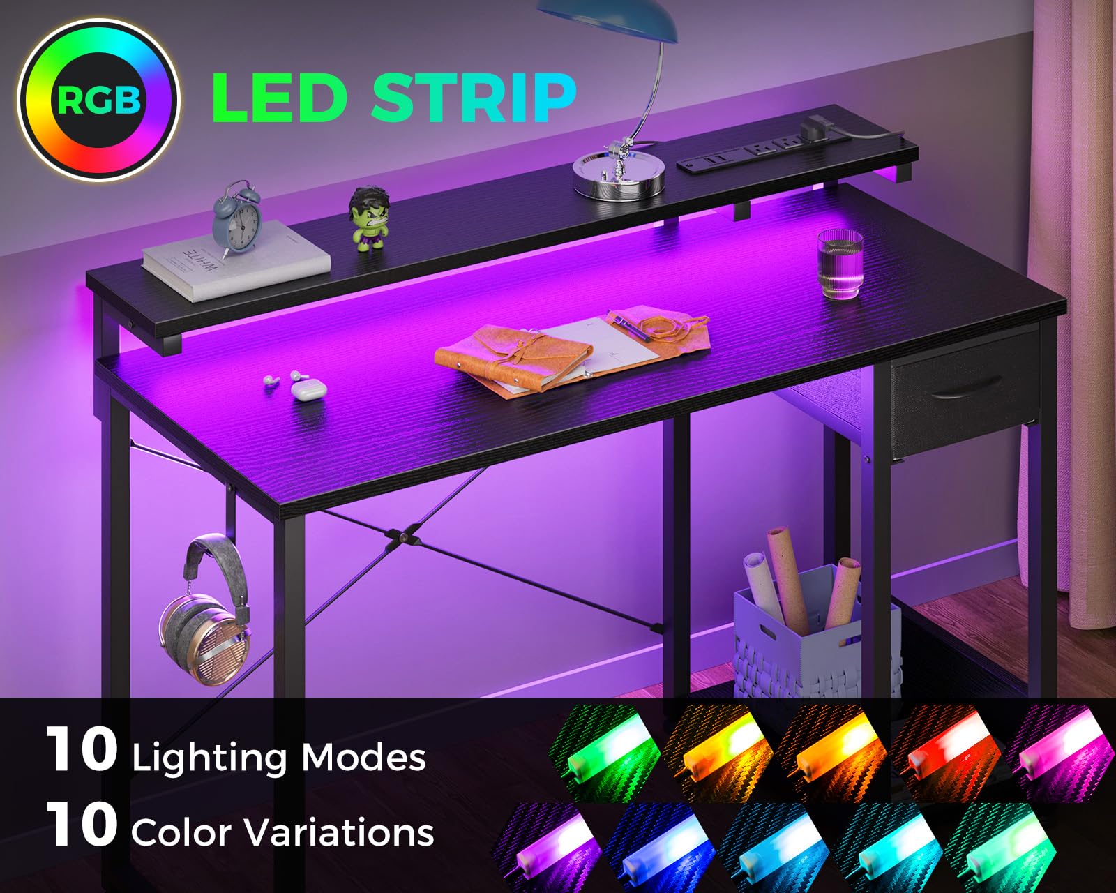 AODK 40 Inch Gaming Desk with LED Lights & Power Outlet - Ergonomic Computer Desk with Drawer, Reversible Design, Monitor Shelf & Headphone Hook - Perfect for Home Office, Streaming & PC Gaming Setup (Black)
