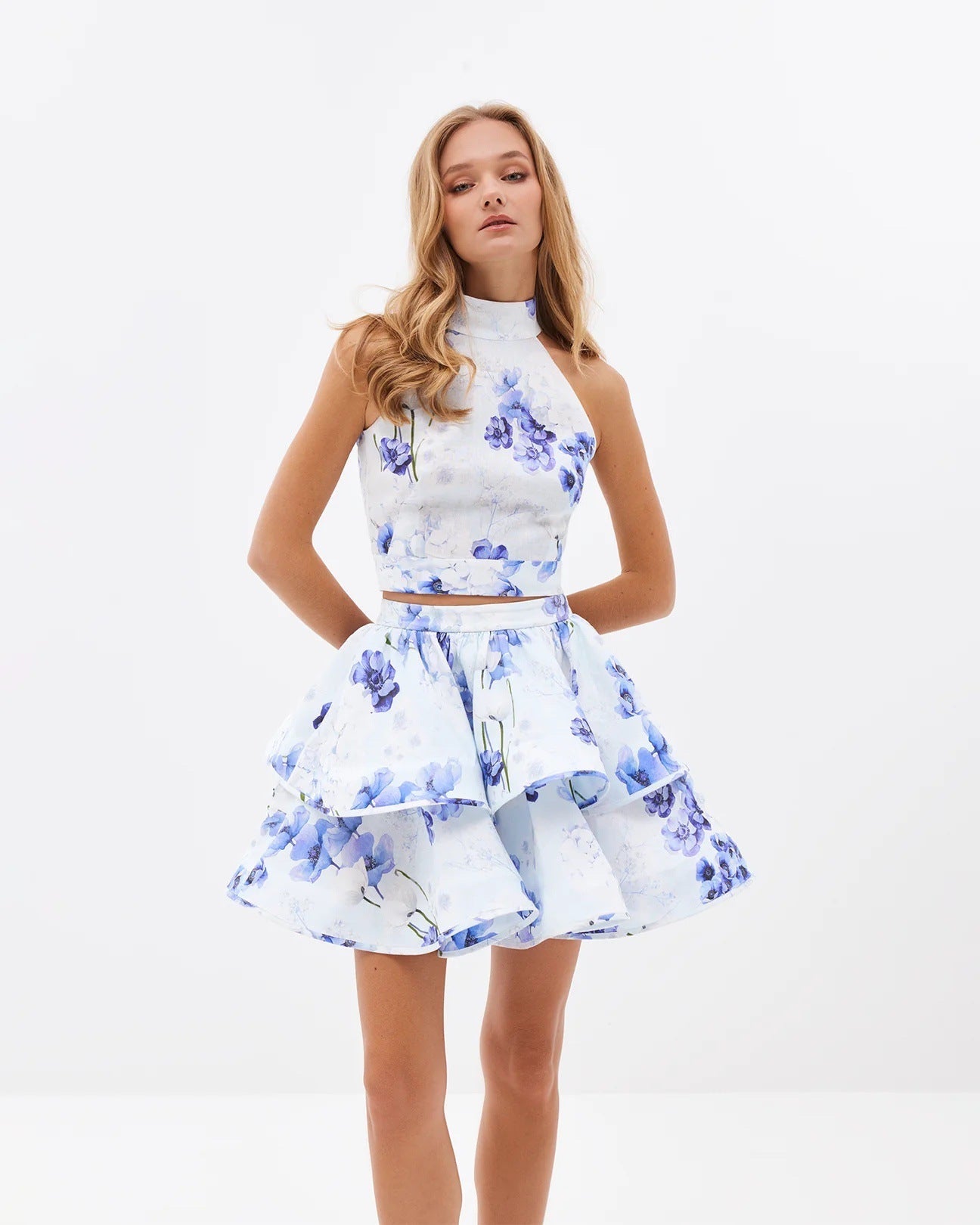 Jessica Printed Backless Halter Top & Skirt Set - Blue Floral Summer Outfit for Beach Vacation, Pool Party & Date Night