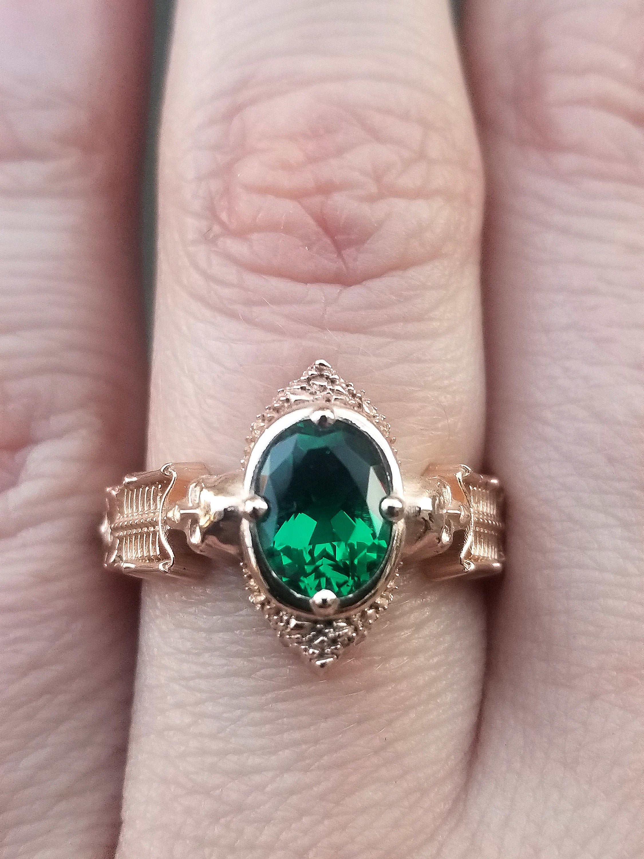 Gothic Emerald Skeleton Engagement Ring - 14k Rose Gold Catacomb Collection Wedding Band with Chatham Gems | Unique Dark Romance Jewelry for Goth Weddings, Alternative Proposals & Halloween Costume Accessories