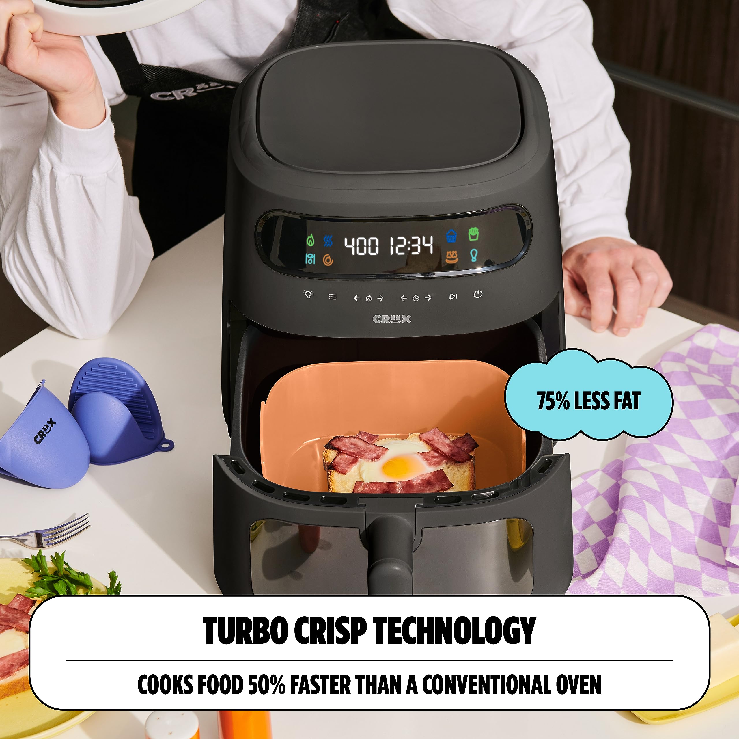 CRUX x Marshmello 8.0 QT Digital Air Fryer with TurboCrisp Technology - Touch Screen Controls, Timer, Auto Shut-off - Fully Programmable Air Fryer with Silicone Liner (Black) - Perfect for Family Cooking, Healthy Meals & Quick Snacks