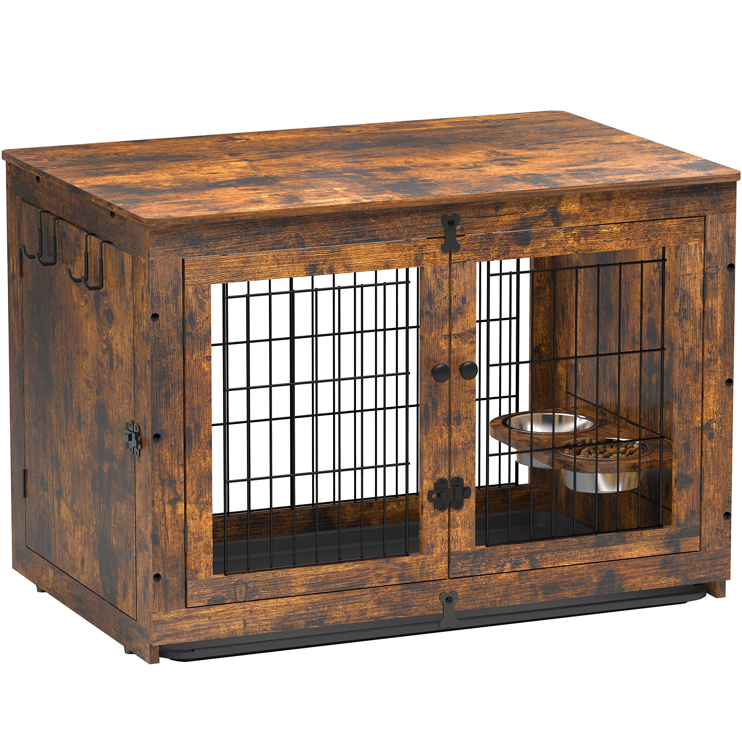 Piskyet Wooden Dog Crate Furniture with 360° Rotatable Removable Bowls - Indoor Dog Kennel End Table with Tray for Small Medium Large Dogs | Rustic Style White Grey | Perfect for Living Room Bedroom Home Decor Pet House
