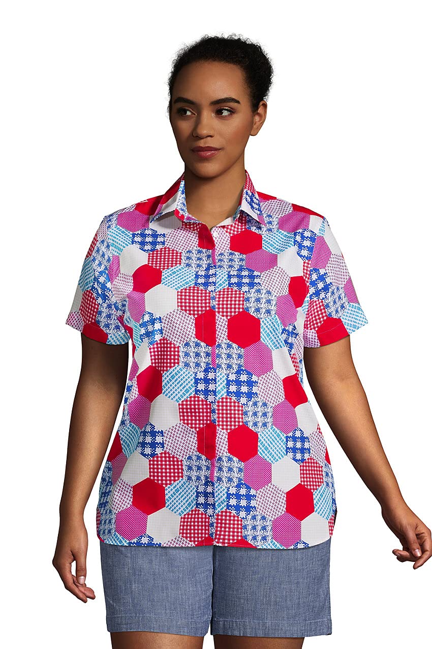 Lands' End Women's Short Sleeve No Iron Wrinkle-Free Blouse - Perfect for Office, Business Casual & Travel