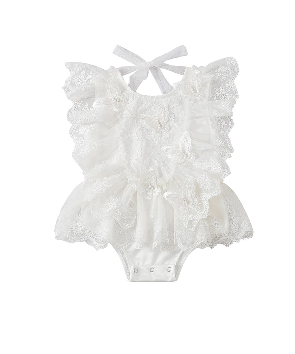 Newborn Baby Girls Lace Romper Dress - Floral Ruffle Crochet Butterfly Bodysuit for Princess Birthday Party | Cute Outfit for Photoshoot, Christening & Special Occasions