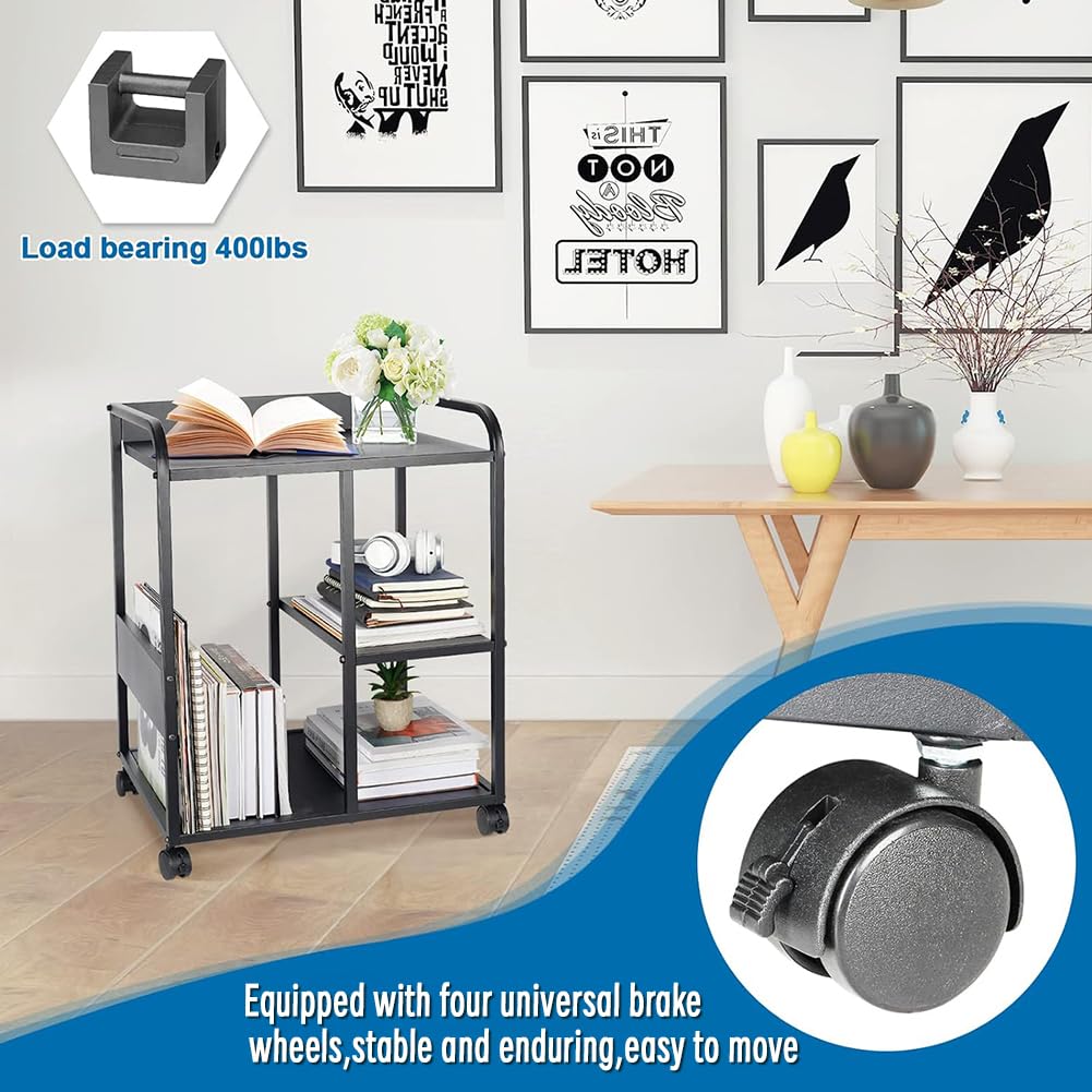 3-Tier Rolling Mobile Printer Stand with Storage & Hanging Bag - Under Desk Computer Tower Organizer for Home Office - Compact Workspace Solution for Printers, Scanners & Office Supplies (Black)