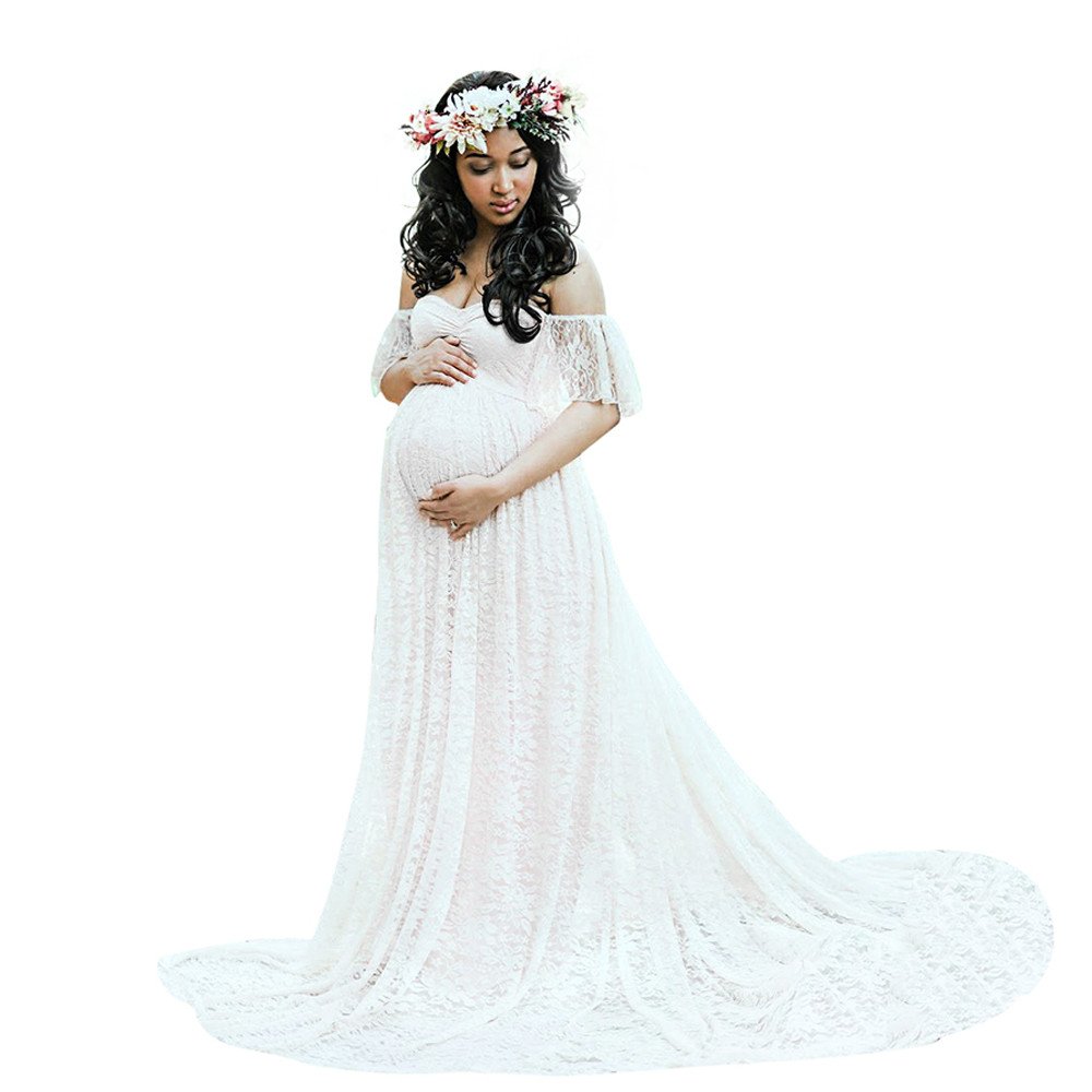 Elegant Maternity Photoshoot Dress - Women's Lace Tulle Maxi Dress with Off-Shoulder Fly Sleeves for Pregnancy Photography, Baby Shower & Special Occasions