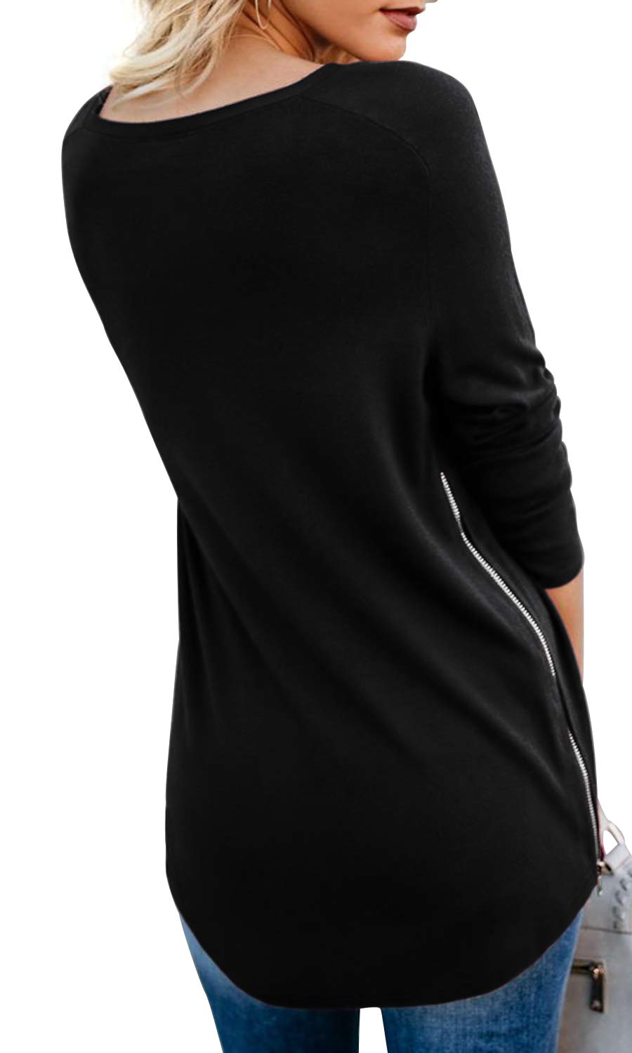 PrinStory Women's V-Neck Split Blouse with Side Zipper - Casual Long Sleeve Tops for Daily Wear