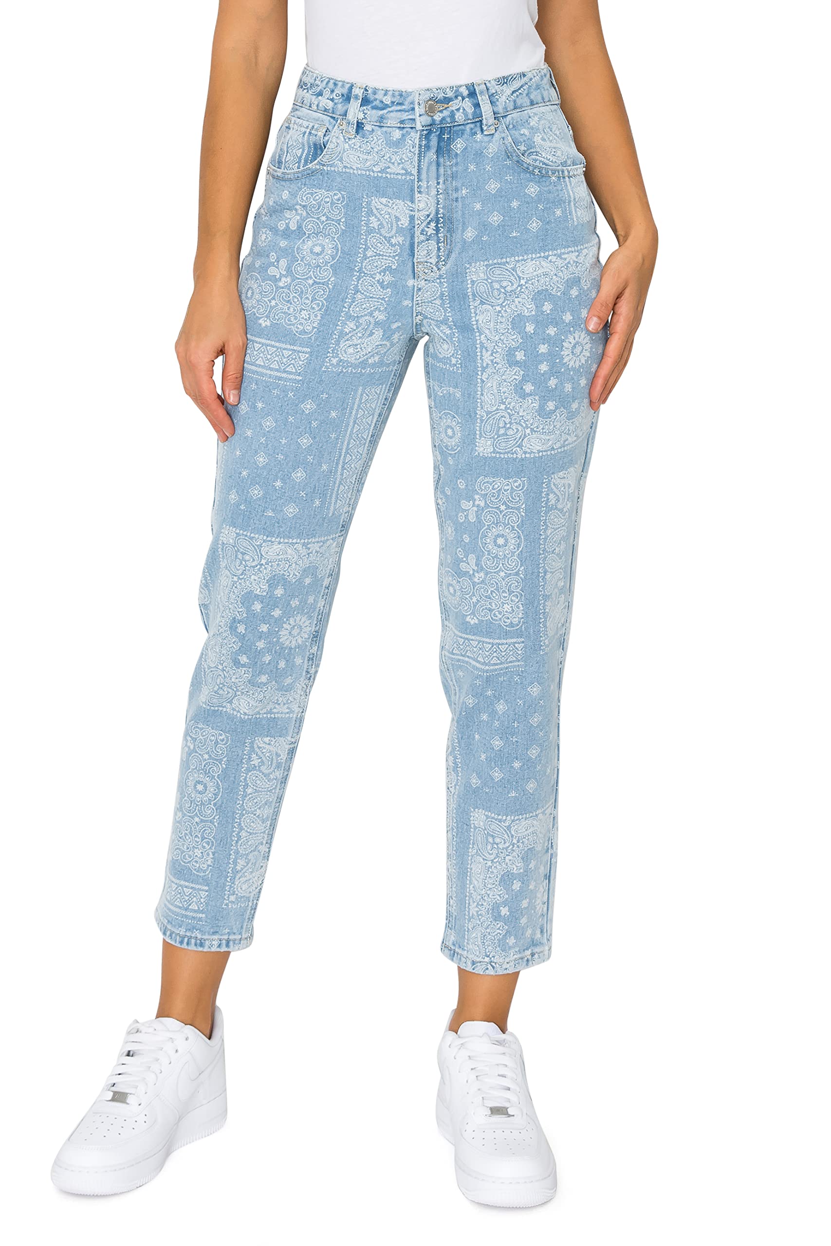 Stylish Women's Printed Mom Jeans - Khaki & Blue High Waisted Vintage Denim Pants for Casual Wear & Everyday Outfits