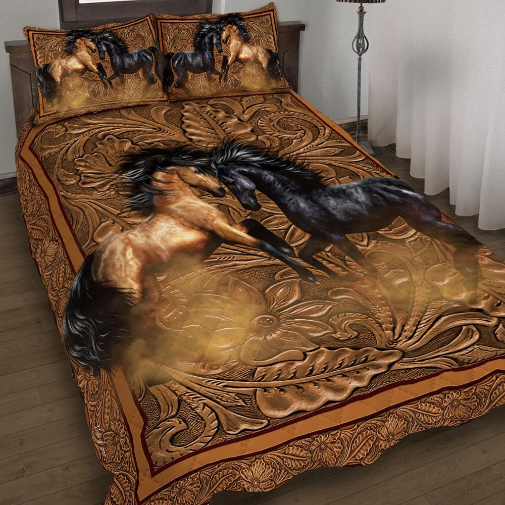 GEEMBI Queen Size Quilt Bedding Set - All-Season Soft Microfiber Bedspread with Pillow Shams | Horse Print Coverlet for Couples (King/Queen/Twin) | Perfect for Master Bedroom, Guest Room & Gift Giving
