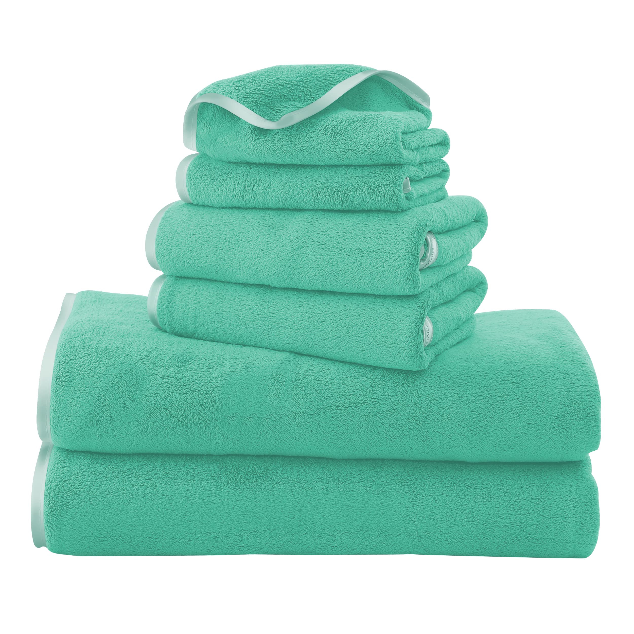 Premium Luxury Silk Hemming Towel Set - Ultra Soft & Quick Drying Microfiber - 2 Bath Towels, 2 Hand Towels, 2 Washcloths (6-Piece Set, Aqua Green) - Perfect for Bath, Gym, Yoga, Travel & Spa Days