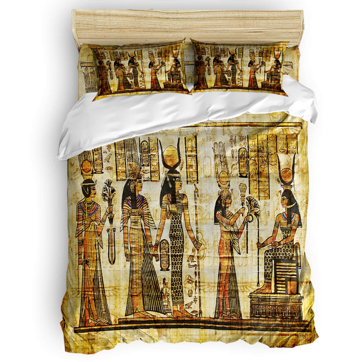 Luxury Egyptian Queen Nefertiti 4-Piece Duvet Cover Set - Queen Size Vintage Mural Bedding with Soft Comforter Cover, Sheet & Pillowcases for Elegant Bedroom Decor