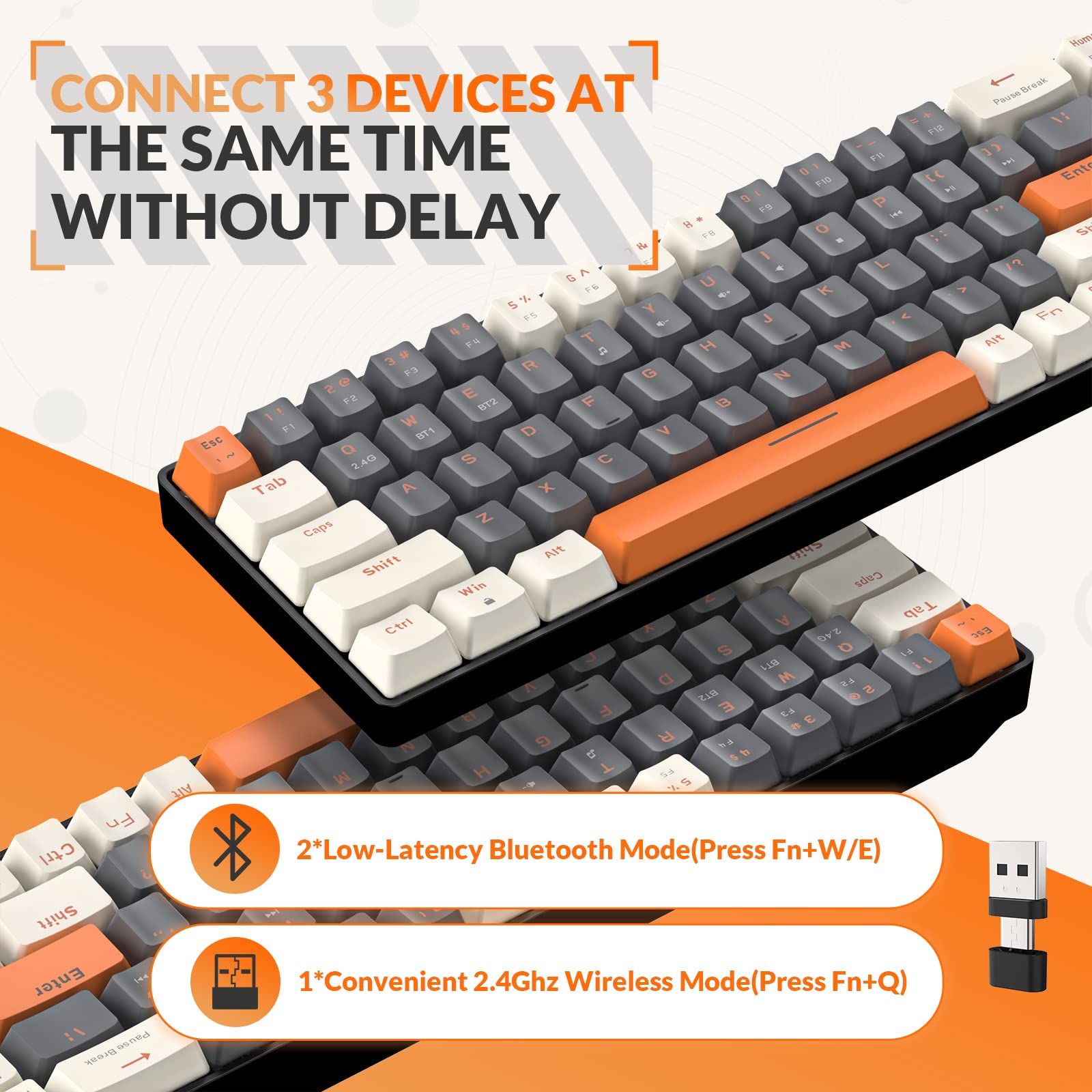RK68 60% Wireless Mechanical Gaming Keyboard - Bluetooth 5.0/2.4GHz Dual Mode with Hot-Swappable Red Switches, Compact 68-Key Design for PC, Mac, Xbox & Smartphone - Perfect for Office Work, Gaming & Mobile Typing