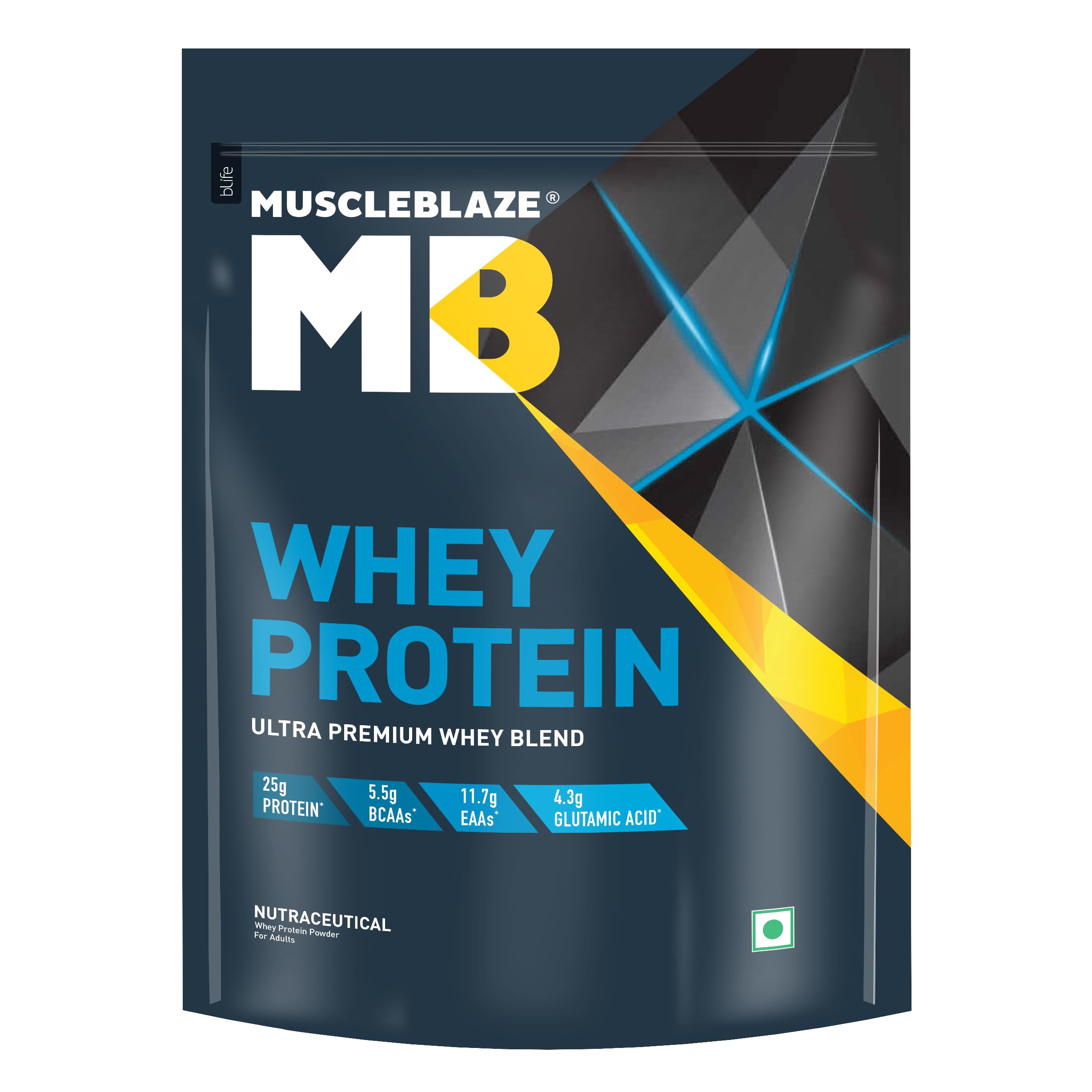 MuscleBlaze 100% Whey Protein Powder - Ultra Premium Blend with Whey Protein Concentrate & Isolate, 25g Protein per Scoop, Rich Milk Chocolate Flavor (1kg / 2.2lb) - Perfect for Post-Workout Recovery, Muscle Building & Weight Management