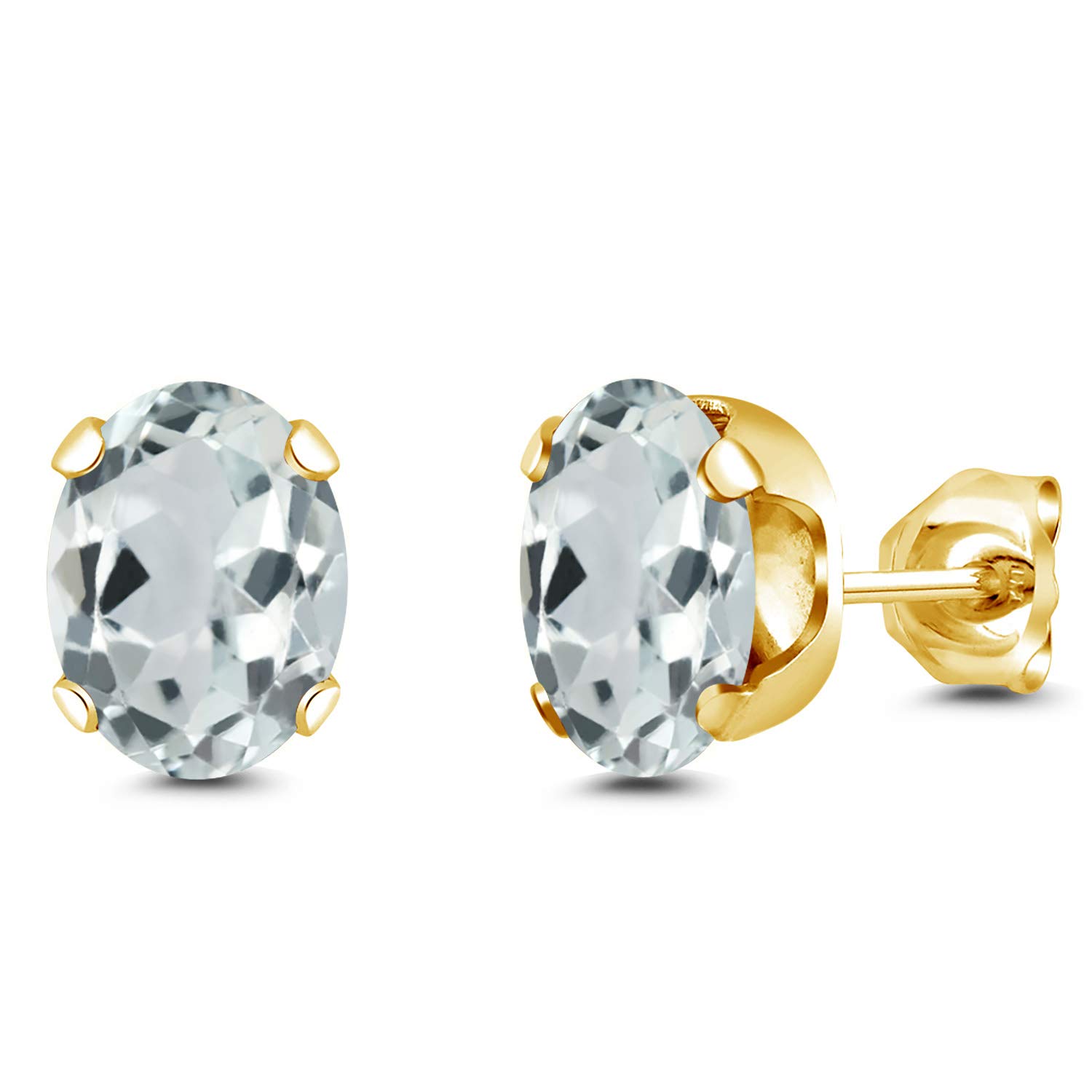 2.40 Ct Sky Blue Aquamarine Brass Stud Earrings - 8x6mm Yellow Gold Plated for Women & Men | Gem Stone King | Perfect for Weddings, Gifts & Everyday Wear