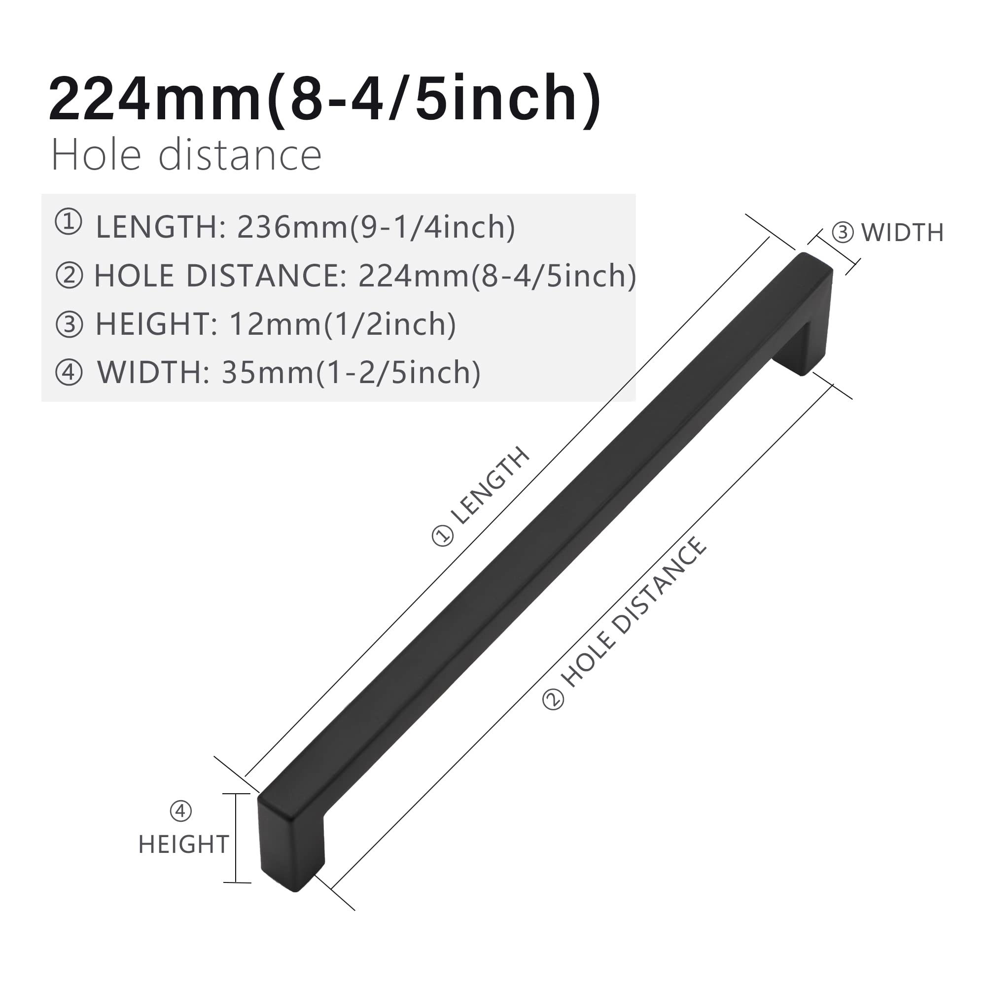 Matte Black Square Cabinet Pulls - 5 Pack 8-4/5 Inch (224mm) Stainless Steel Kitchen Drawer Handles - Durable Cupboard Hardware for Modern Cabinets & Furniture - Perfect for Kitchen, Bathroom, Office & Home Organization