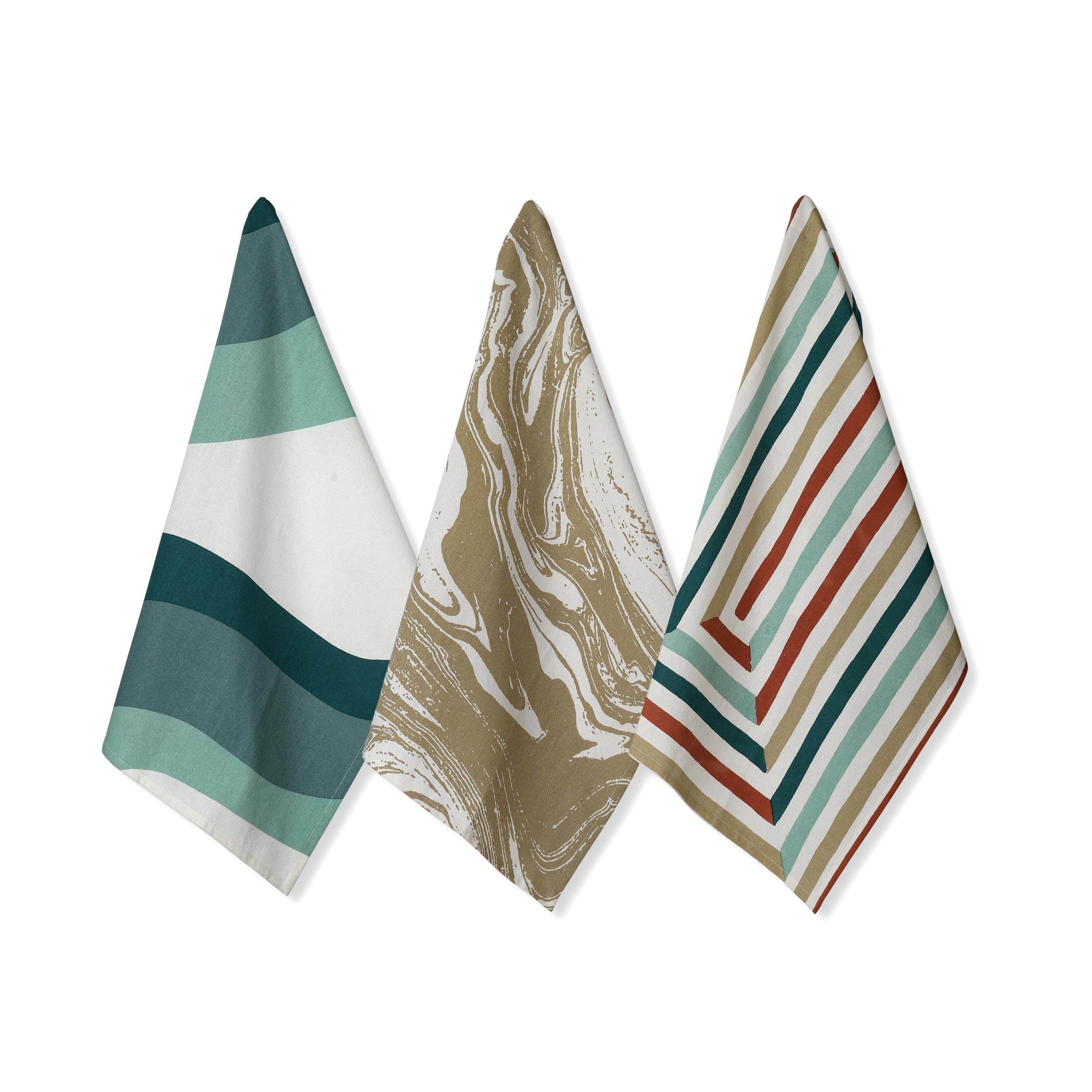 Boho Kitchen Dish Towels Set of 3 - 100% Cotton Flour Sack Towels 20x26 Inches with Hanging Loop for Drying Dishes & Tea Time - Greek Style Farmhouse Decor for Rustic Kitchens & Cozy Coffee Shops