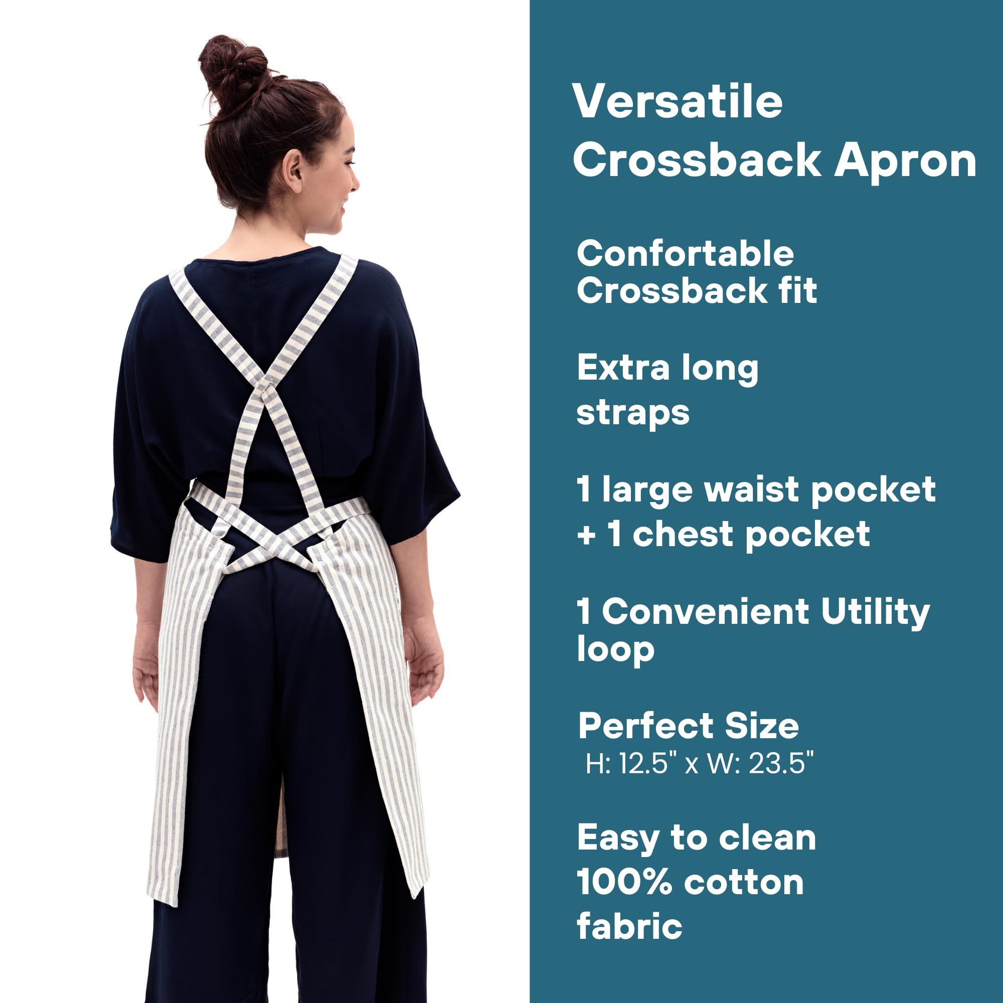 MEEMA Cross Back Apron - Striped Cotton Cooking Apron with 3 Pockets for Women & Men, Unisex Adjustable Baking Apron for Kitchen, BBQ, Grilling & Serving - One Size Fits All - Pack of 1
