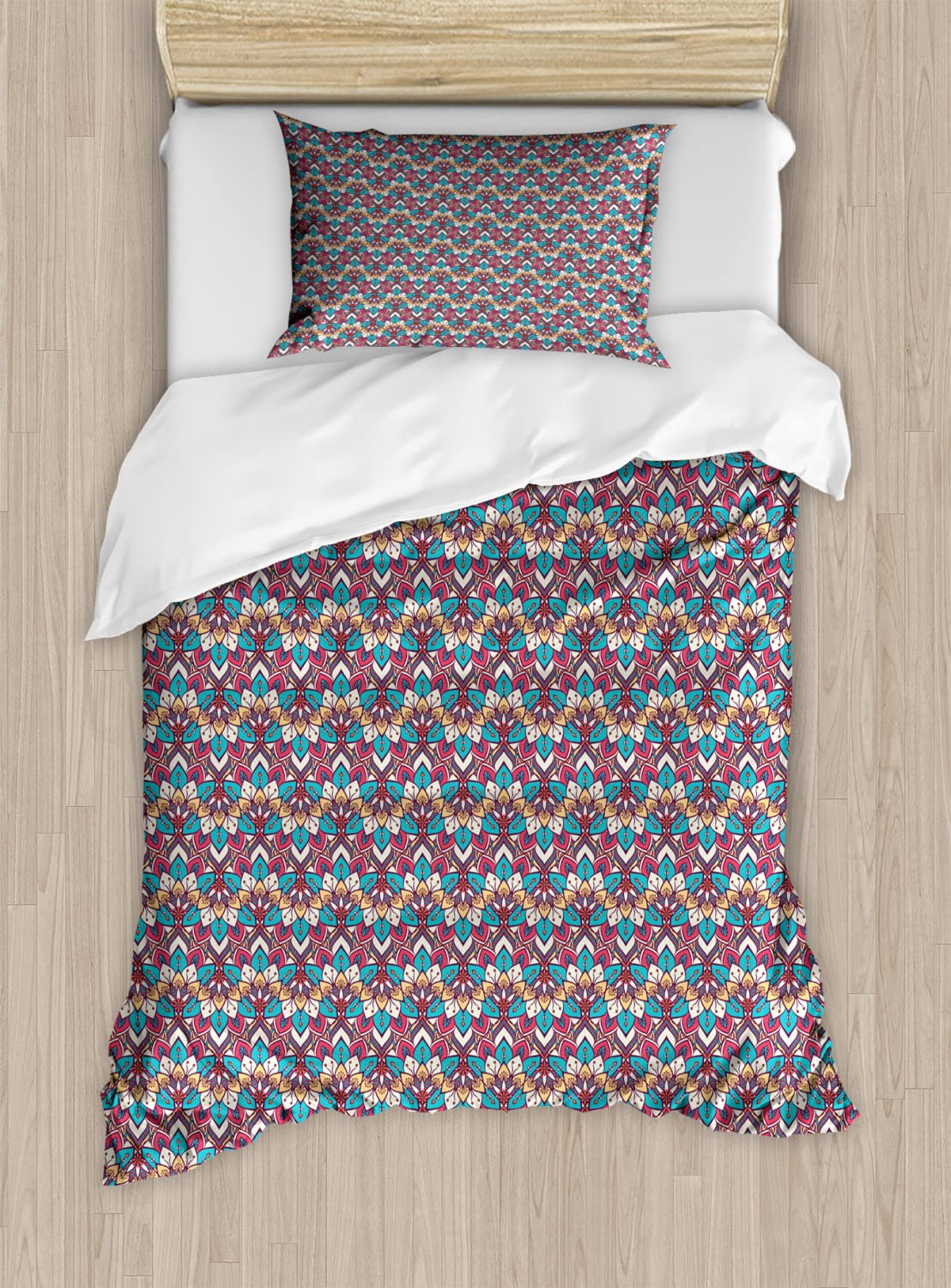 Ambesonne Mandala Duvet Cover Set - King Size 2-Pack with 2 Duvet Covers & 4 Pillowcases, Floral Easter Pattern in Multicolor, Natural Oriental Design for Bedroom Decor | Perfect for Spring Refresh, Guest Rooms, and Boho Chic Style