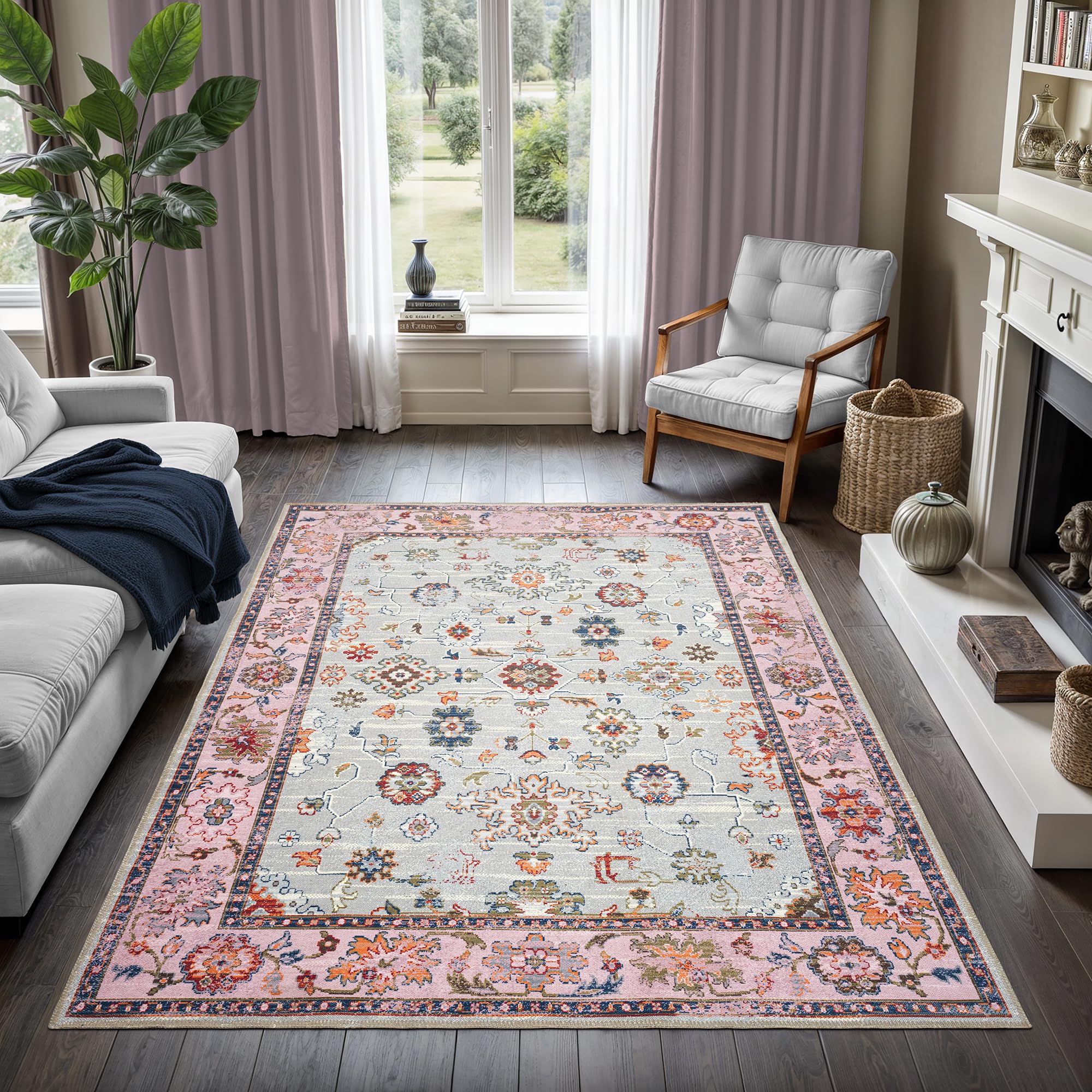 GLN Traditional Collection - Machine Washable Non-Slip Low Pile Chenille Area Rug 5'3