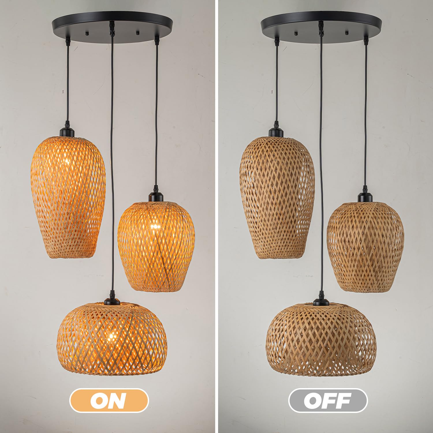 Boho Rattan Pendant Light Fixture - 3-Light Woven Bamboo Chandelier with Wicker Shade for Dining Room, Living Room & Kitchen | Natural Woven Basket Ceiling Light for Farmhouse, Beach House & Boho Decor
