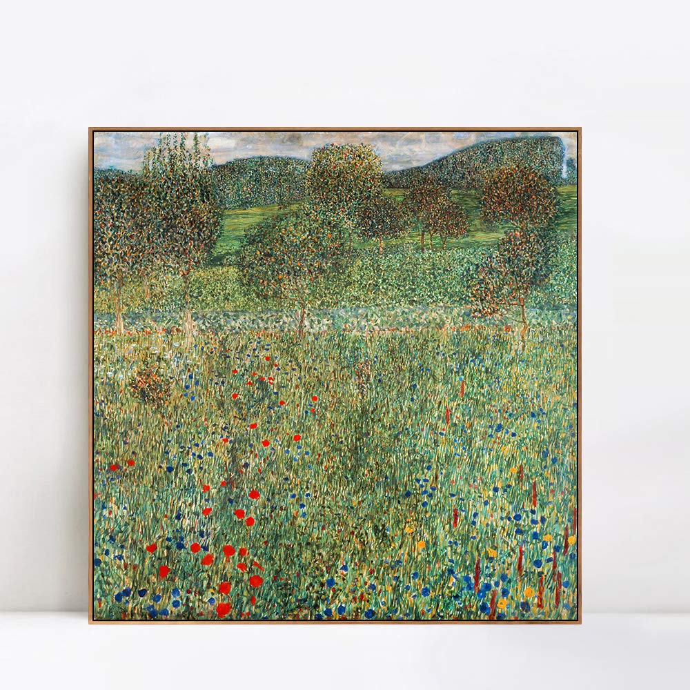 Gustav Klimt Trees and Flowers Framed Canvas Giclee Print - 28x28 Inch Wall Art with Wood Slim Frame for Living Room, Bedroom & Office Decor | Modern Botanical Home Decor