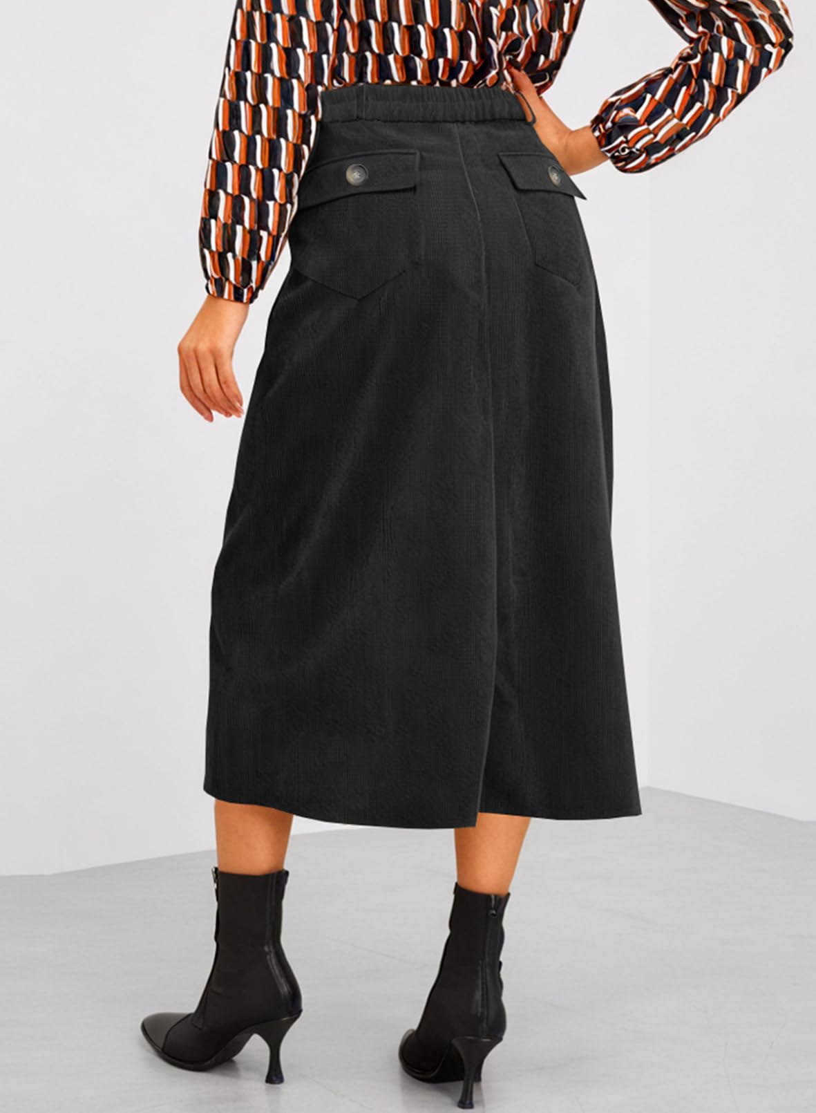 Happy Sailed Women's High Waist Split A-Line Corduroy Skirt - Casual Midi Skirt with Pockets for Work, Date & Fall Outfits