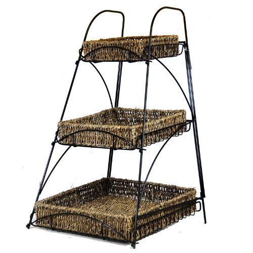 Lucky Clover Tristan Triple Tiered Square Display Stand with Handwoven Seagrass Baskets - Rustic Home Decor for Bathroom, Kitchen, or Living Room Organization