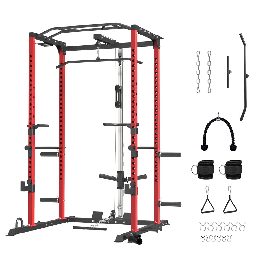 Heavy Duty Power Cage - Multi-Functional Power Rack with LAT Pulldown System & Cable Pulley for Full Body Workout | Squat Rack with Lever Arm, Belt Squat & Weight Plate Storage | Perfect for Home Gym Strength Training & CrossFit Workouts