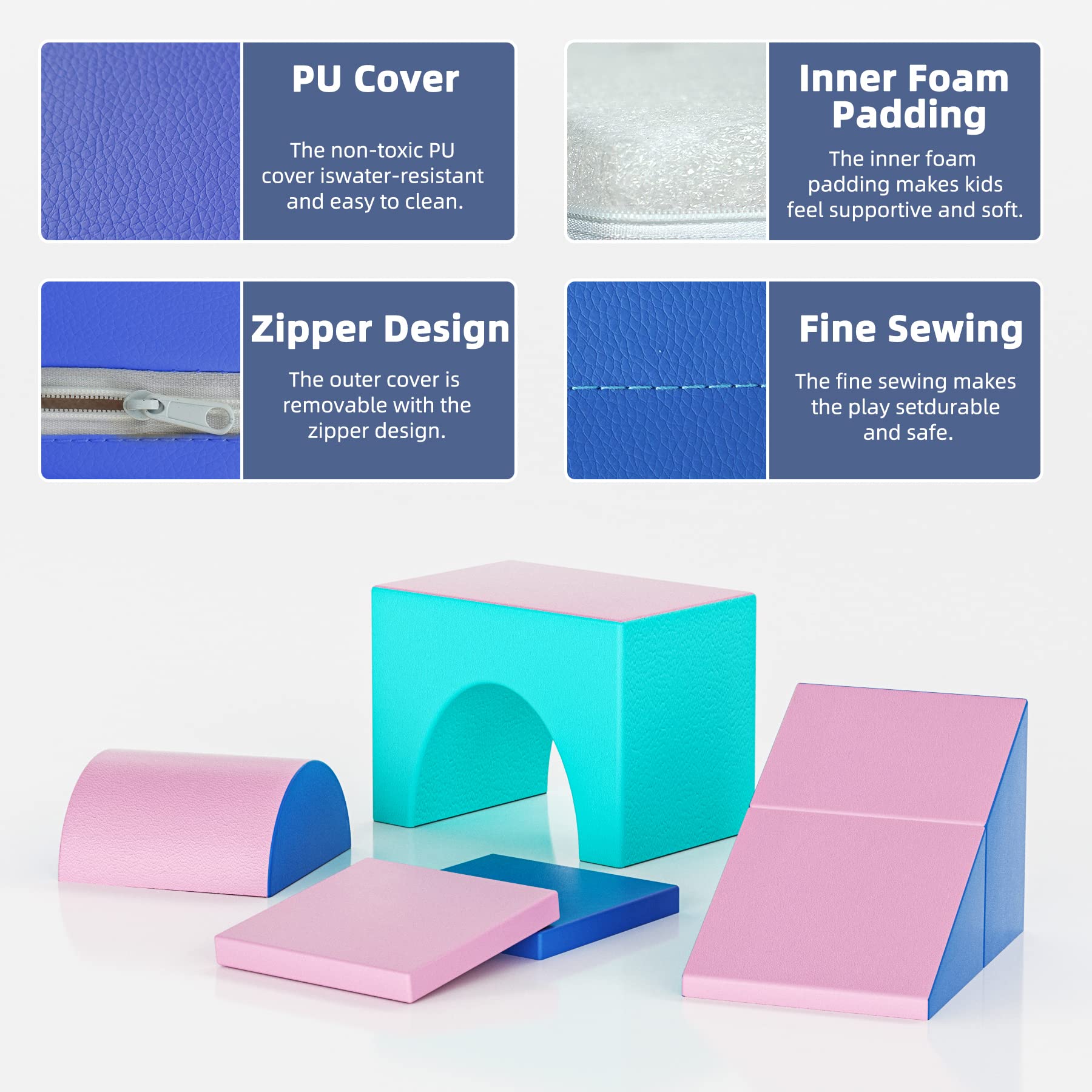 Glaf Soft Foam Climbing Blocks Set for Toddlers 1-3 Years - Indoor/Outdoor Play Gym with Tunnel & Slide - Safe Toddler Climbing Toys for Crawling & Playtime (Pink/Blue) - Perfect for Daycare, Playroom & Backyard Fun