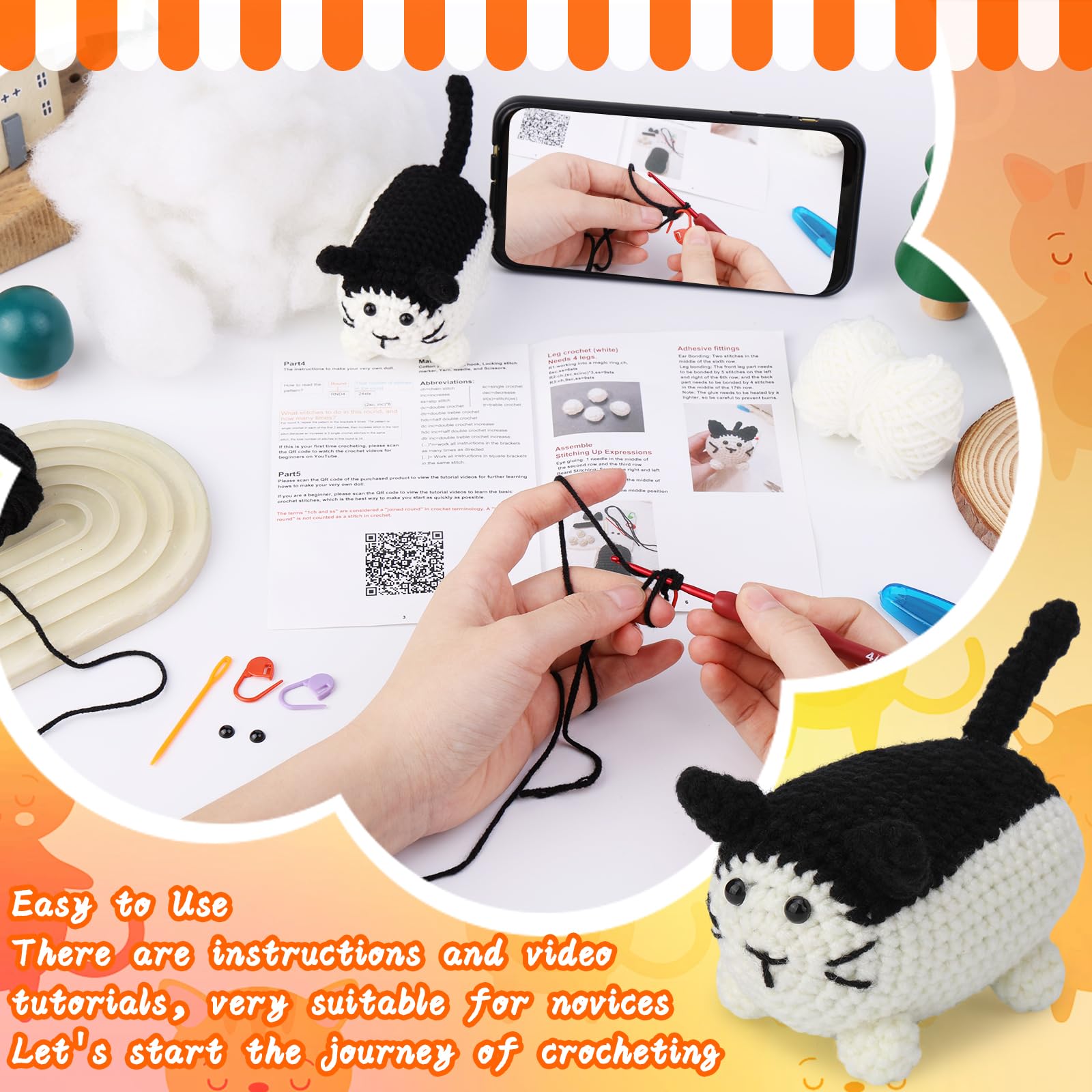 Mayboos Beginner Crochet Kit - DIY Animal Crochet Starter Set with Step-by-Step Video Tutorials | Complete Craft Supplies for Adults & Kids | Perfect for Relaxation, Gift Giving & Home Decor (Black & White Cat)