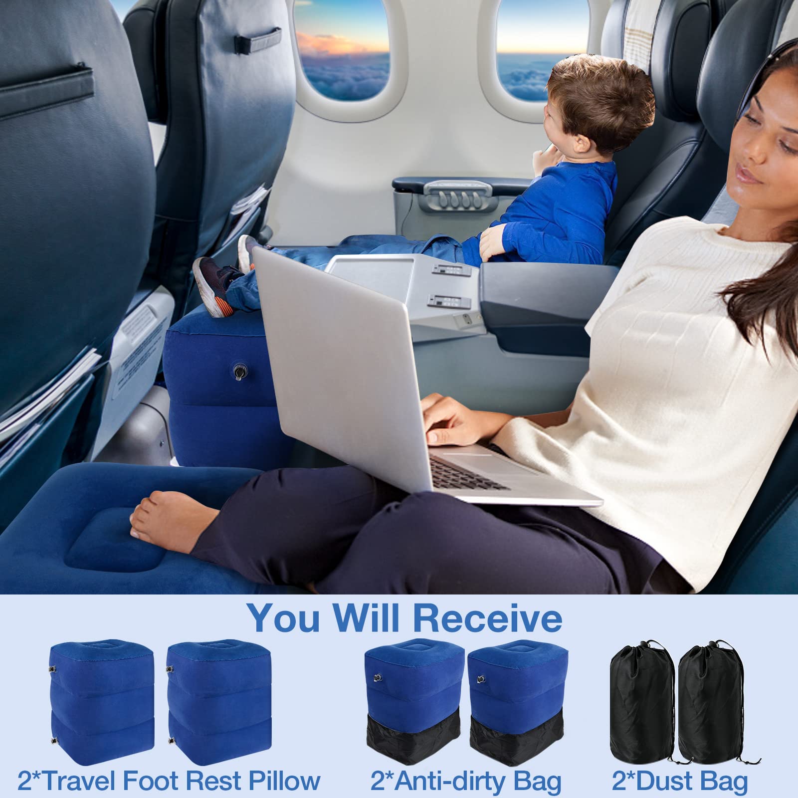 Inflatable Travel Foot Rest Pillow for Kids & Adults - Adjustable Height Airplane Leg Pillow for Sleeping, Car, Train & Office Use - Portable Comfort for Long Flights & Road Trips (2 Pack, Blue)