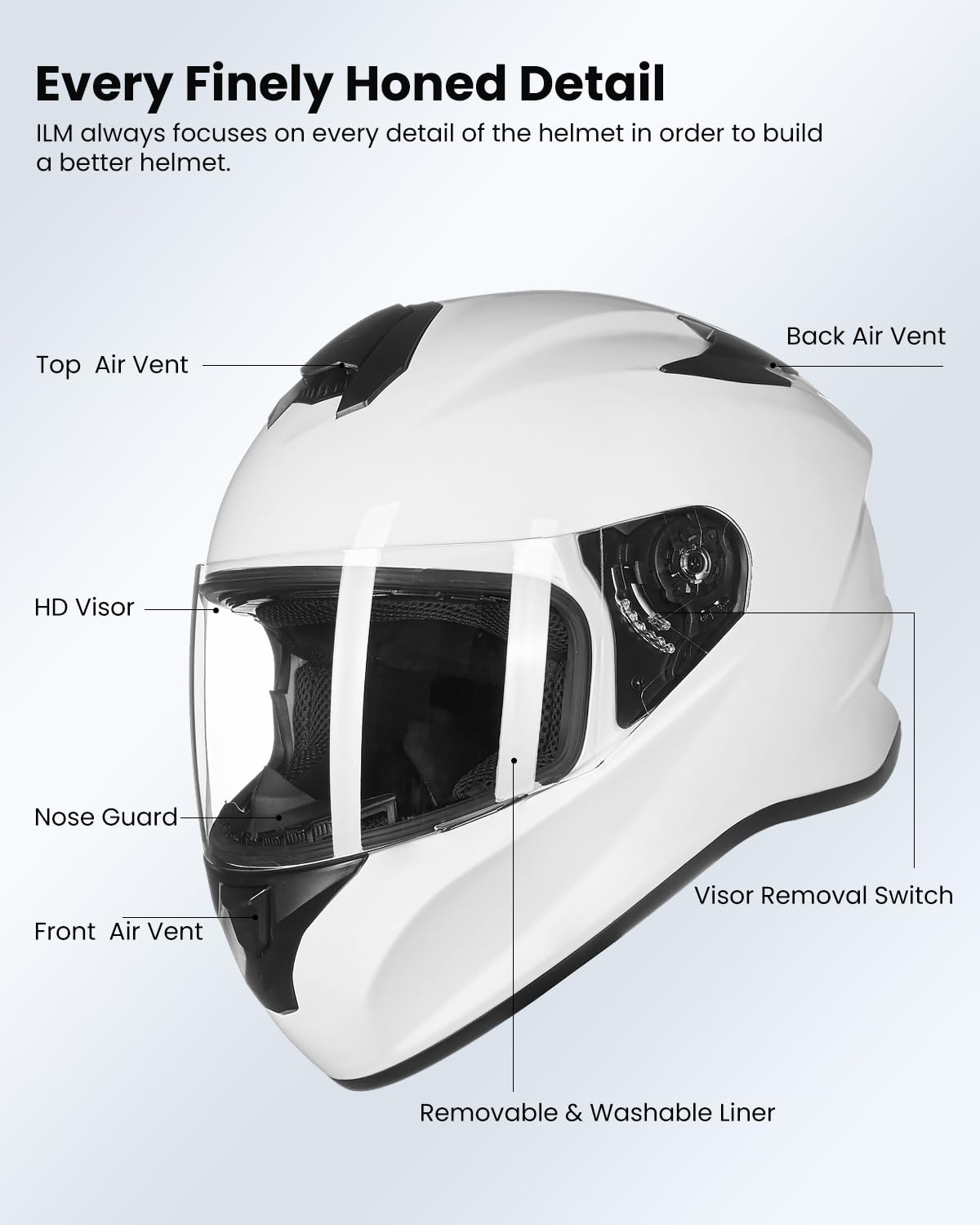 DOT Approved ILM ST-06 Full Face Motorcycle Helmet for Men & Women - XL White Street Bike Helmet with Enhanced Airflow System & Free Replacement Visor | Ideal for Commuting, Racing & Long-Distance Riding