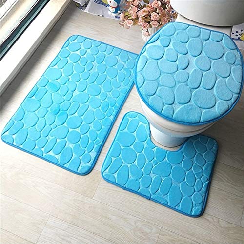 YSH 2-Pack Flannel Anti-Slip Bathroom Rug Set - Washable Toilet & Kitchen Mats with Non-Slip Backing, Soft Absorbent Fabric (Blue Cobblestone Design) for Bathroom Decor, Shower Floor, and Laundry Room Safety