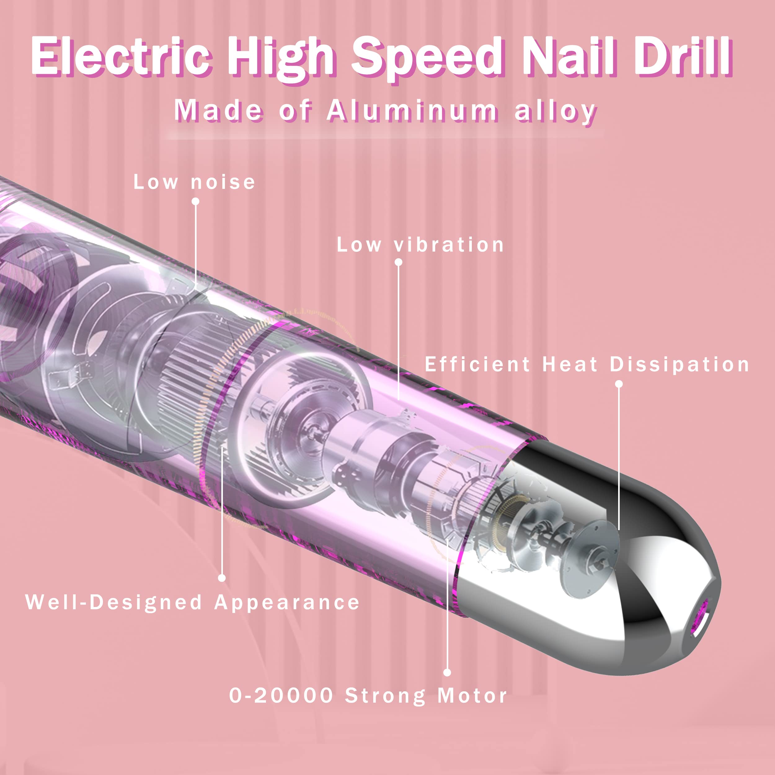 Beloving Professional Electric Nail Drill Kit - 20000 RPM Portable Nail File Machine for Manicure & Pedicure, Includes Nail Drill Bits for Acrylic & Gel Nails - Perfect for Home Salon & Professional Use (Pink) - Ideal for DIY Nail Art, Salon Treatments & At-Home Nail Care