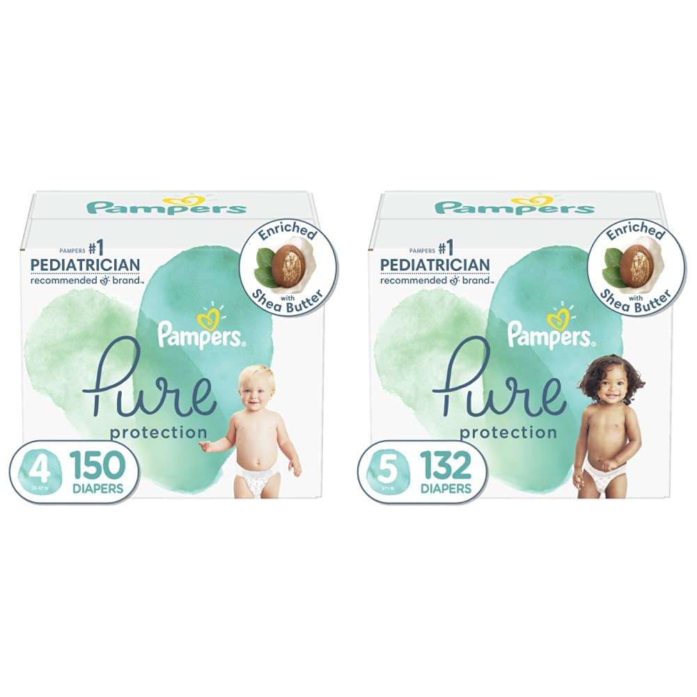 Pampers Pure Protection Hypoallergenic Disposable Baby Diapers - Size 4 (150 Count) & Size 5 (132 Count) | Gentle for Sensitive Skin | Perfect for Overnight Use and Active Babies
