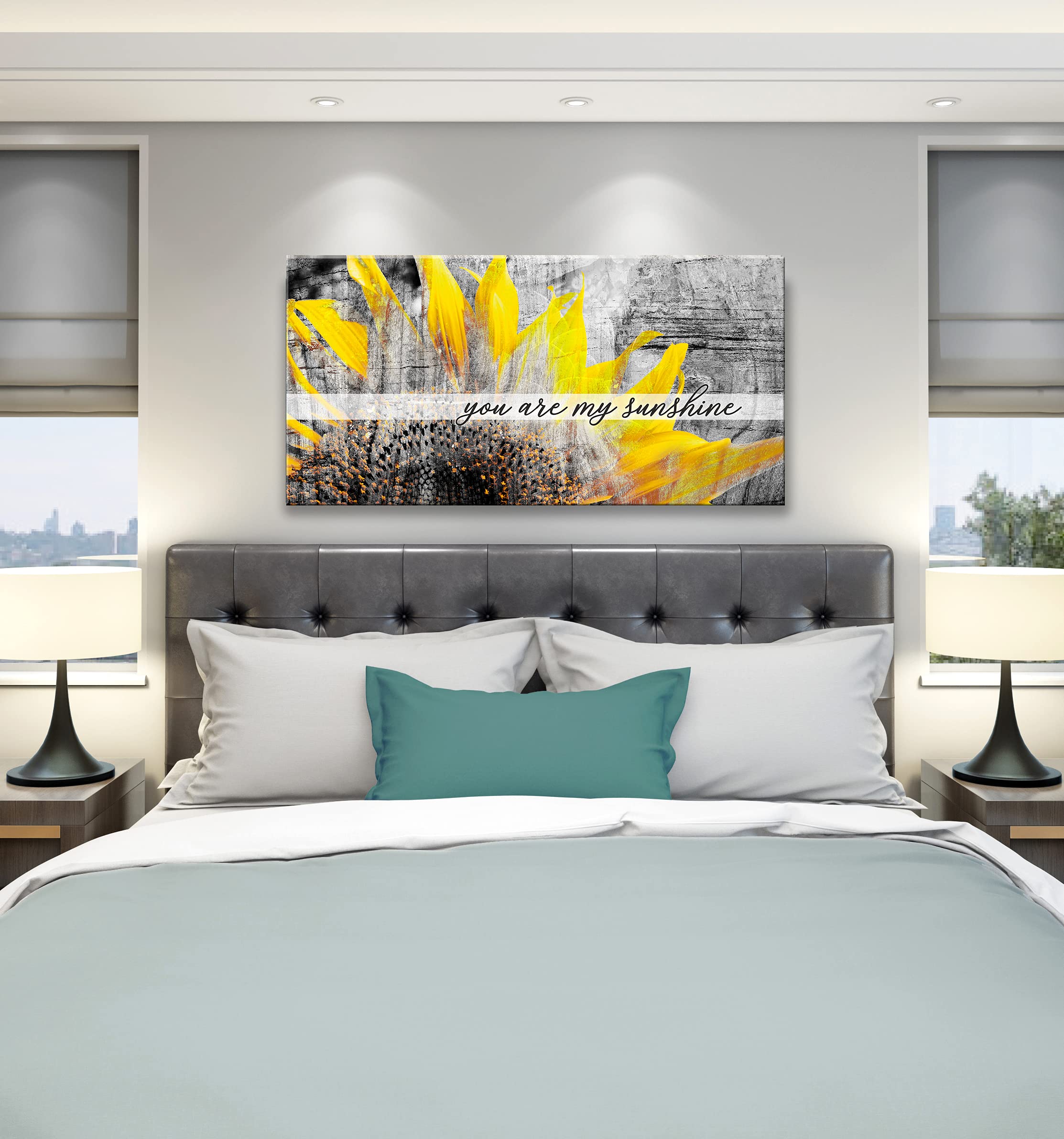 You Are My Sunshine Sunflower Wall Art - Large Canvas Flower Painting for Living Room Decor - Yellow & Grey Modern Home Decor (60x27 inches) - Perfect for Farmhouse, Bedroom & Office Wall Decoration