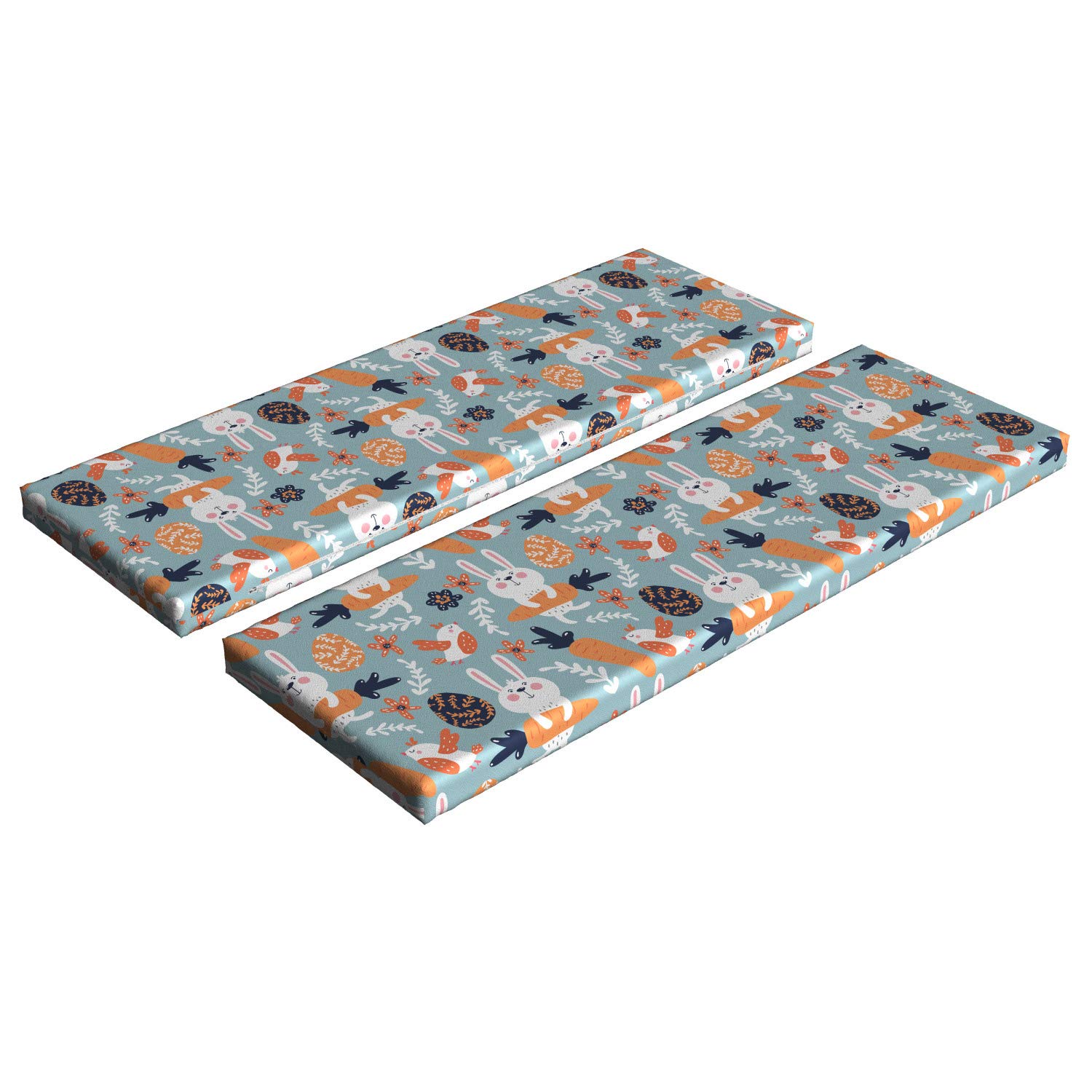 Lunarable Easter Bench Cushion Set of 2 - Bunny Rabbit with Carrot & Floral Egg Design, Standard Size 45