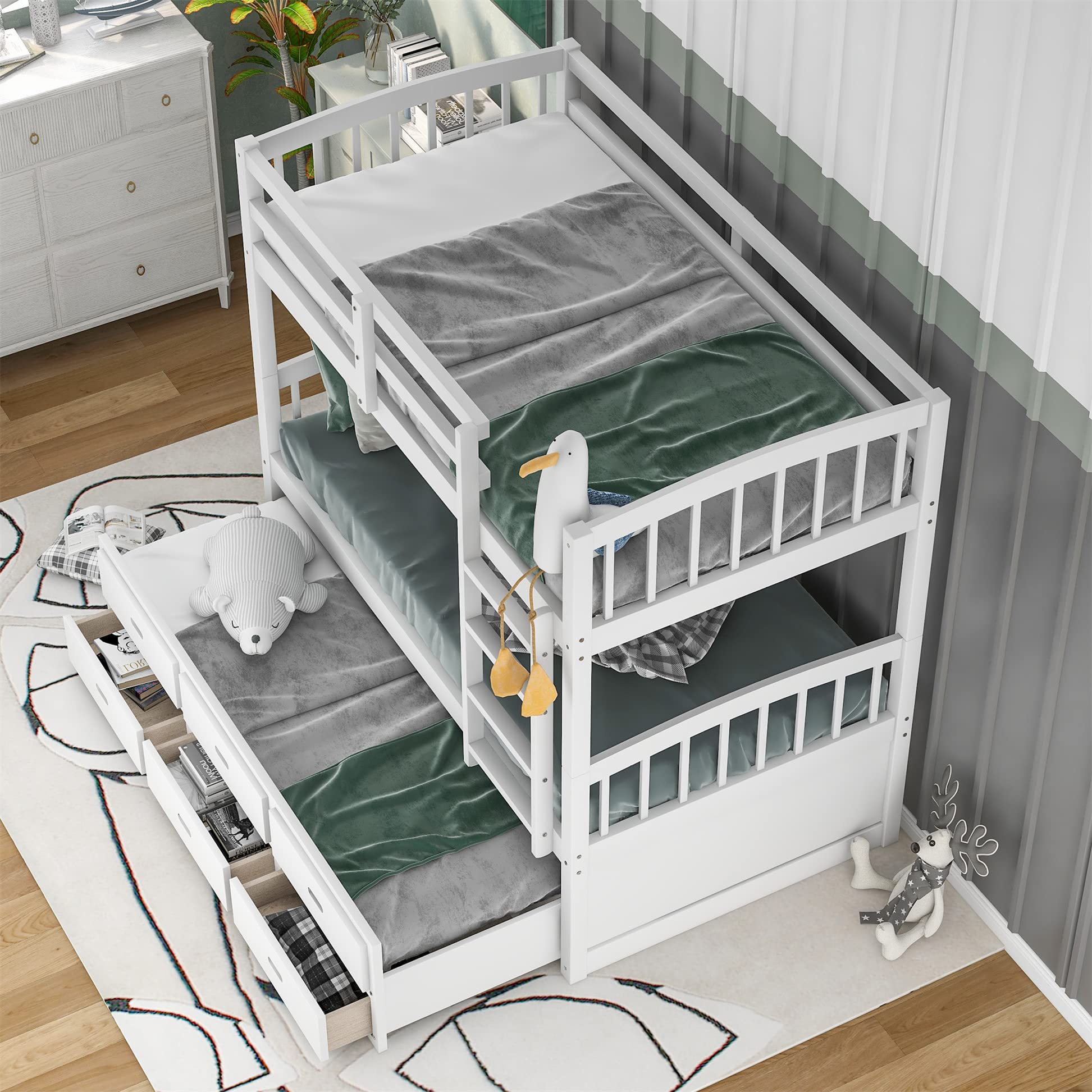 Harper & Bright Designs Solid Wood Twin Over Twin Bunk Bed with Trundle - 3 Storage Drawers, Safety Rail, Convertible to 2 Beds - No Box Spring Needed (White) | Perfect for Kids' Bedroom, Guest Room & Space-Saving Solutions