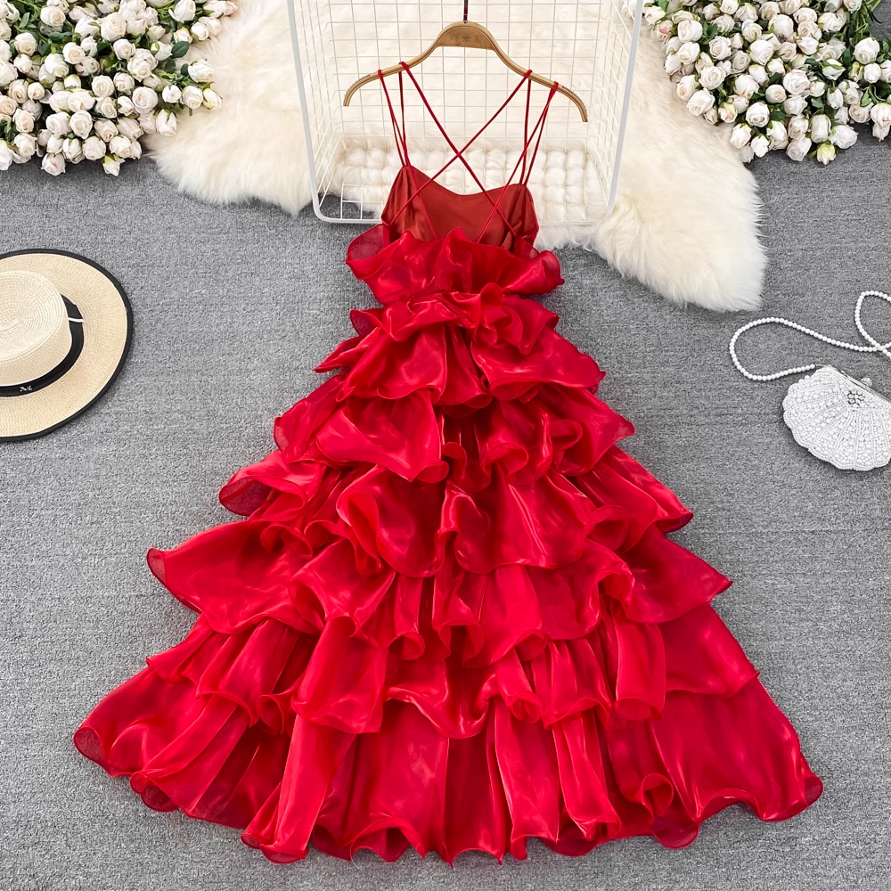 Fairy Spaghetti Strap Dress - Retro A-Line Ruffle Cake Dress for Women | Summer Floral Sundress | Perfect for Beach Vacation, Date Night & Party Wear