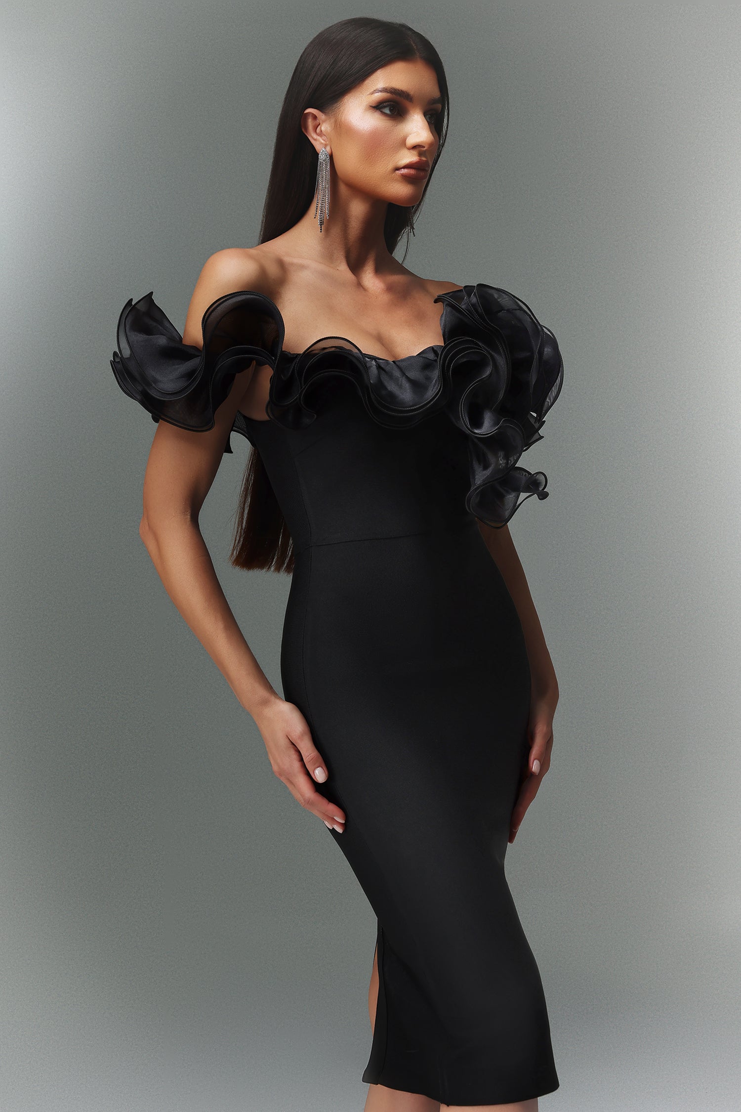 Leanna Off The Shoulder Flounce Bandage Midi Dress - Sexy Bodycon Party Dress for Women, Night Out, Club Wear & Special Occasions