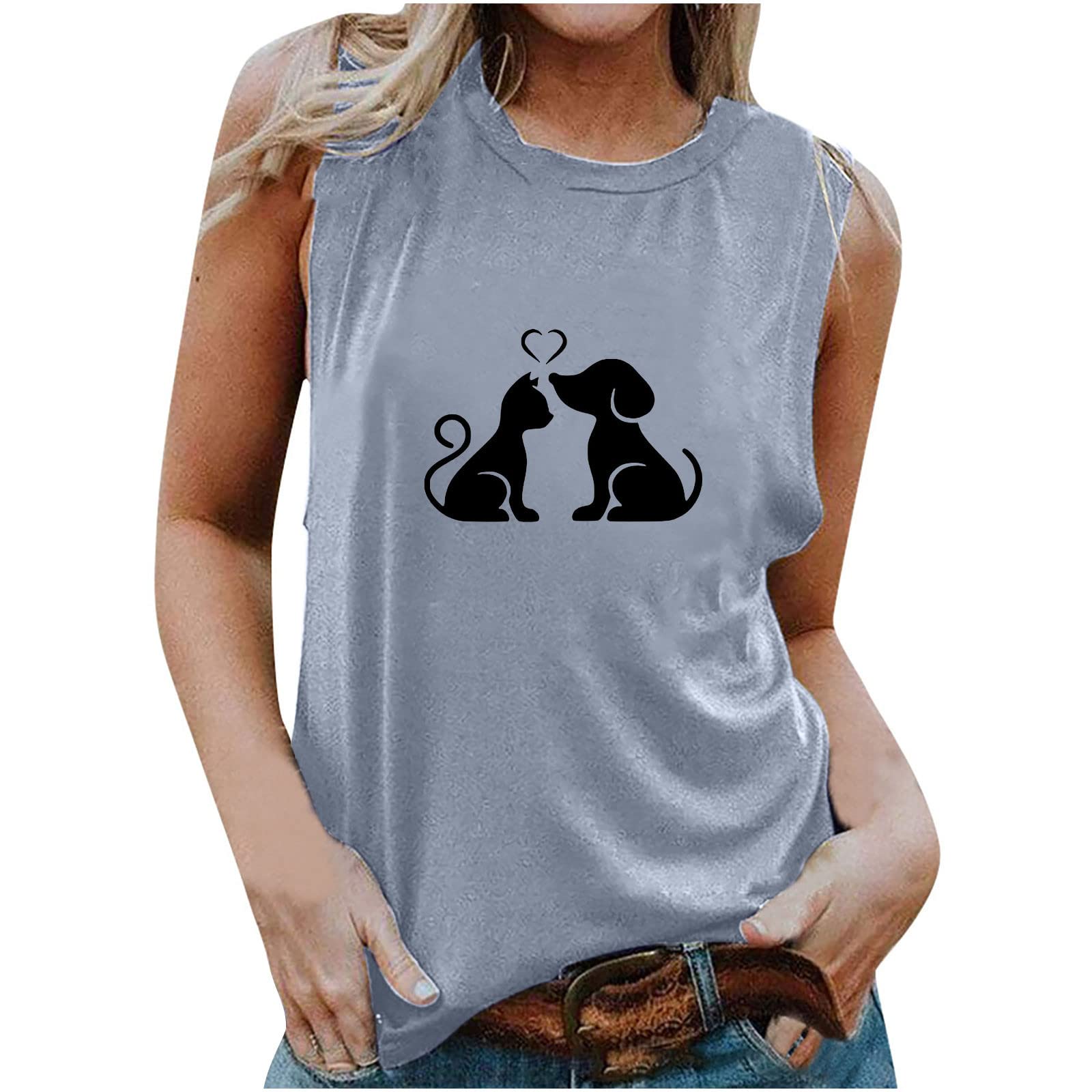 Trendy Women's Graphic Tunic Tank Top - Round Neck Dog Print Sleeveless Blouse for Casual Wear, Summer Outfits & Beach Vacation