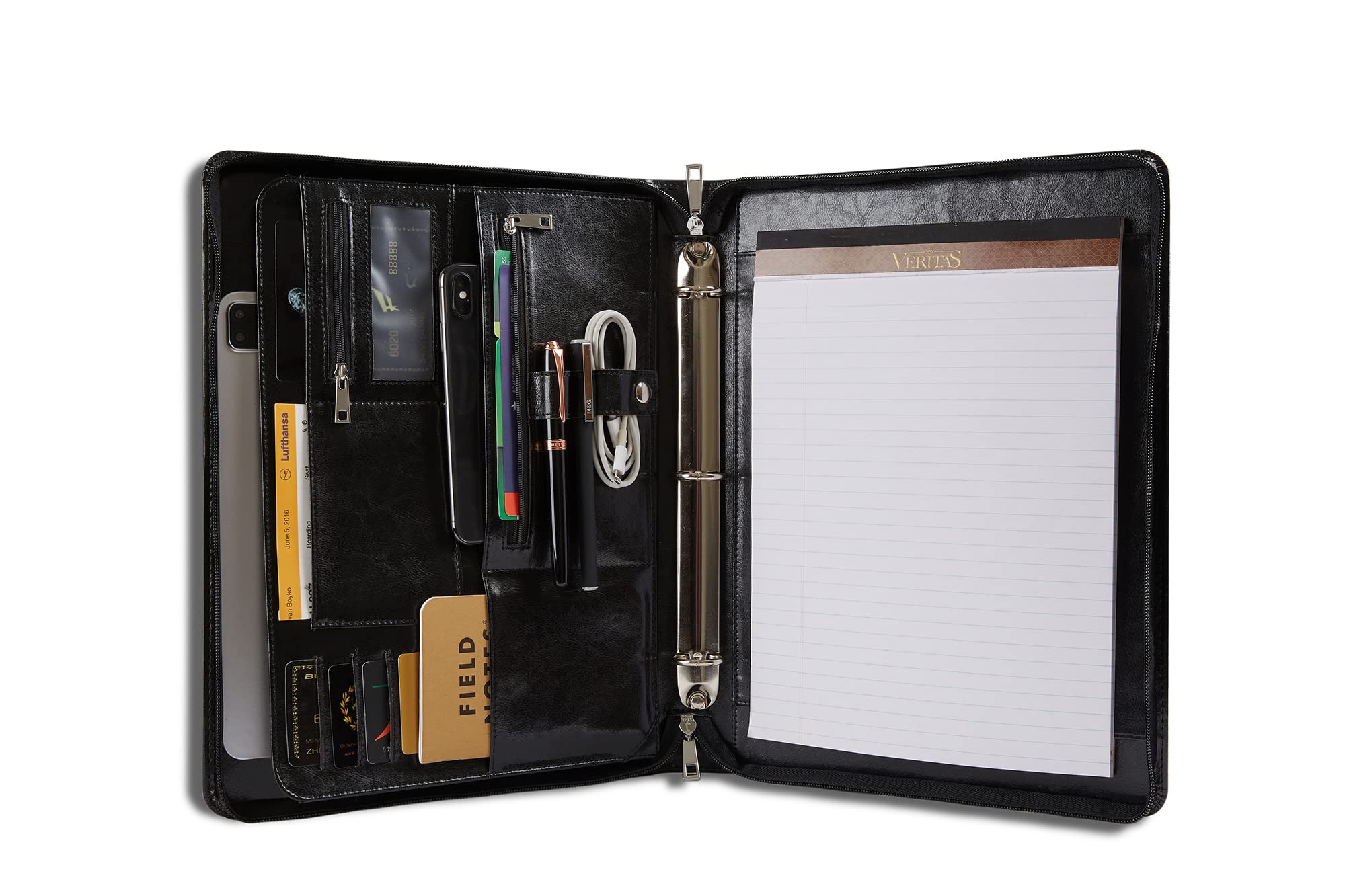 Vegan Leather Portfolio Binder - Personalized 3-Ring Padfolio Organizer for Business & Travel | Custom Professional Notebook with Name Engraving (Standard Size, Black) | Perfect for Office Meetings, Client Presentations & Business Trips