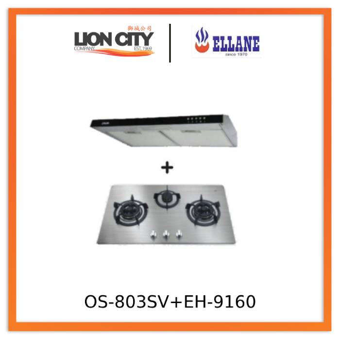 Ellane 60cm/90cm Slimline Range Hood with Black Panel - EH 9160 + Ellane OS 803SV 86cm 3-Burner Gas Cooktop - Modern Kitchen Ventilation for Home Cooking & Grilling