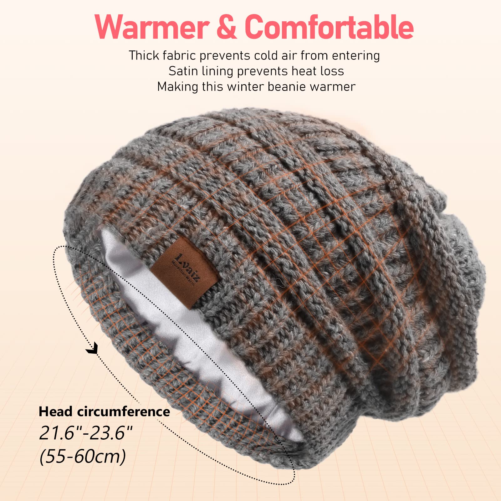 Winter Satin Lined Beanie Hats for Women & Men - Warm Oversized Slouchy Knitted Skull Cap with Silk Lining for Natural Hair Protection - Perfect for Cold Weather, Outdoor Activities & Daily Fashion