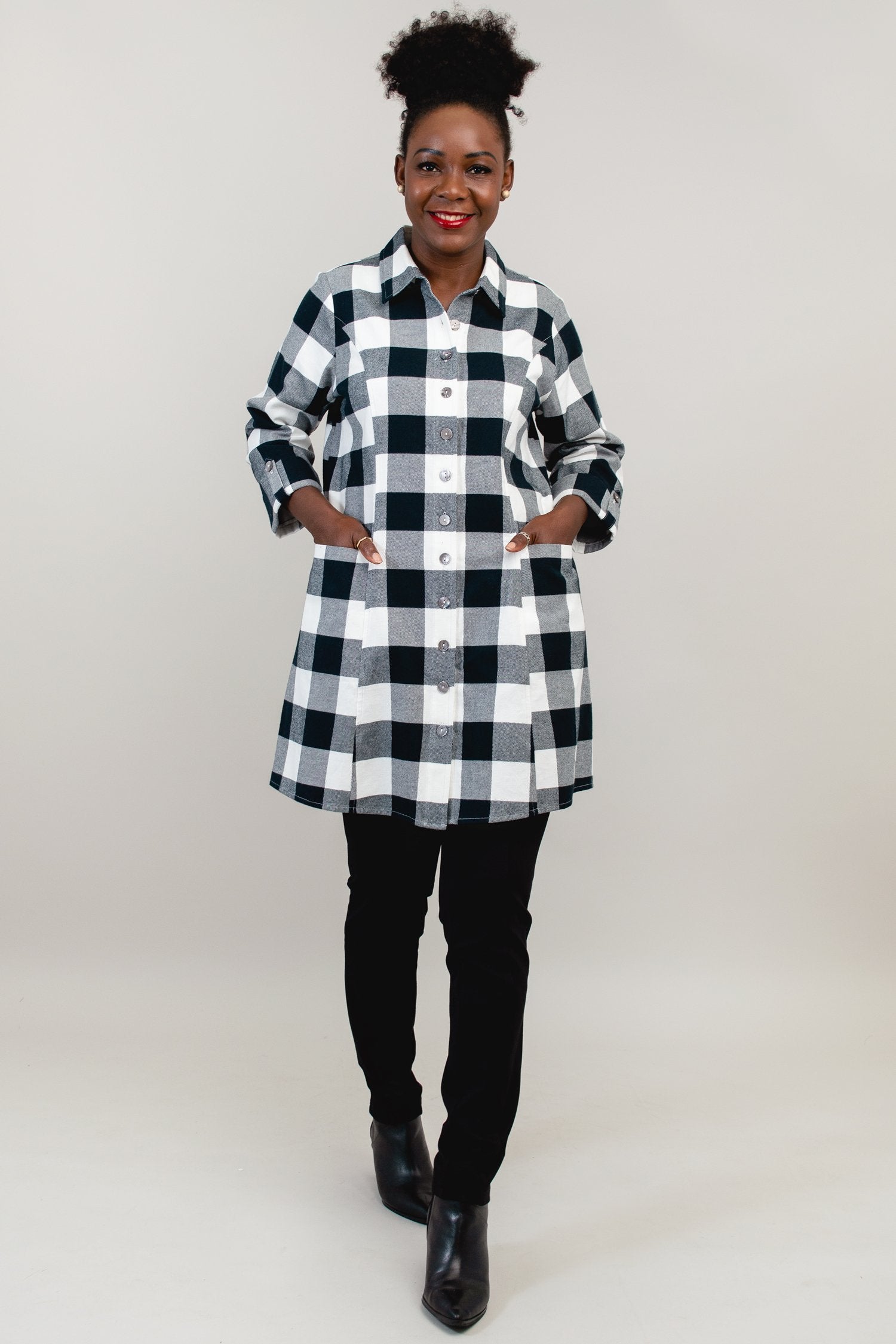 Larissa Tunic - Grey Plaid Cotton Flannel Shirt for Women | Cozy Fall & Winter Layering Top | Perfect for Casual Outfits and Office Wear