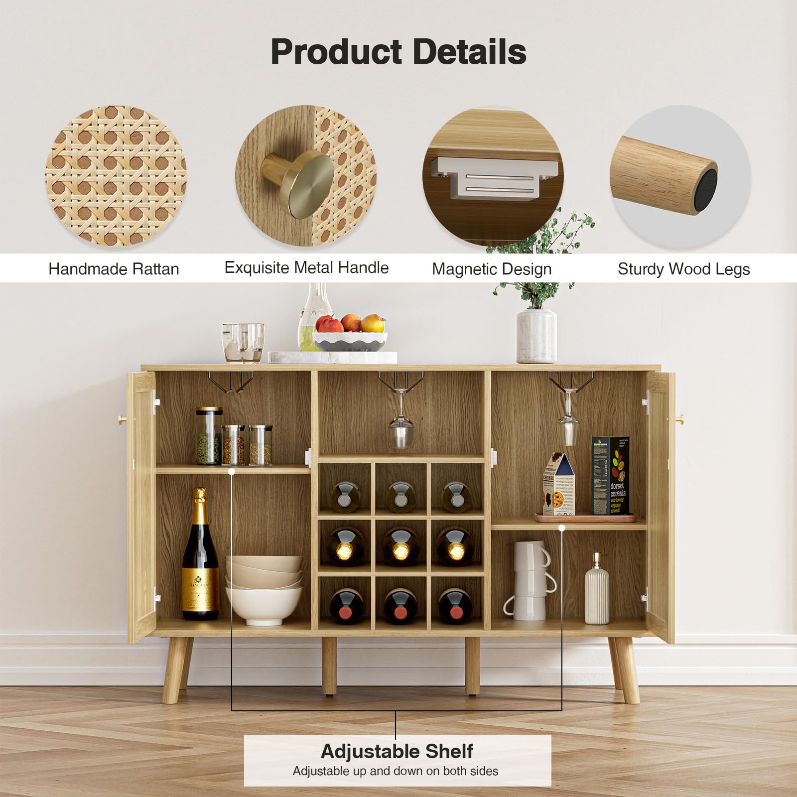 Giluta Rattan Wine Bar Cabinet with 2 Doors - Farmhouse Liquor Storage with Wine Rack & Glass Holder - Rustic Oak Sideboard Buffet for Living Room, Dining Room & Kitchen - Perfect for Home Entertaining & Wine Display